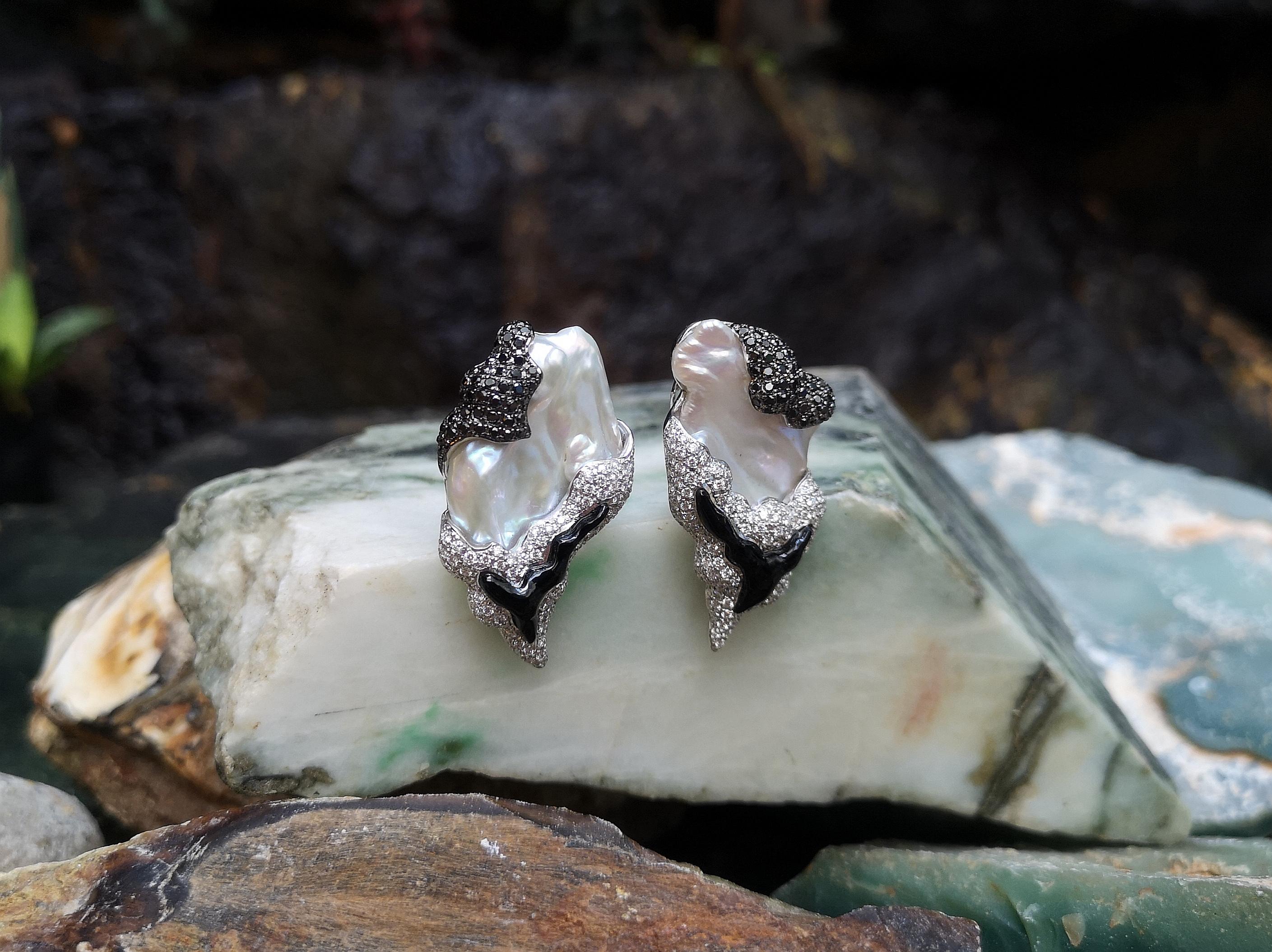 Contemporary Pearl, Onyx, Black Diamond and Diamond Earrings in 18 Karat White Gold Settings For Sale