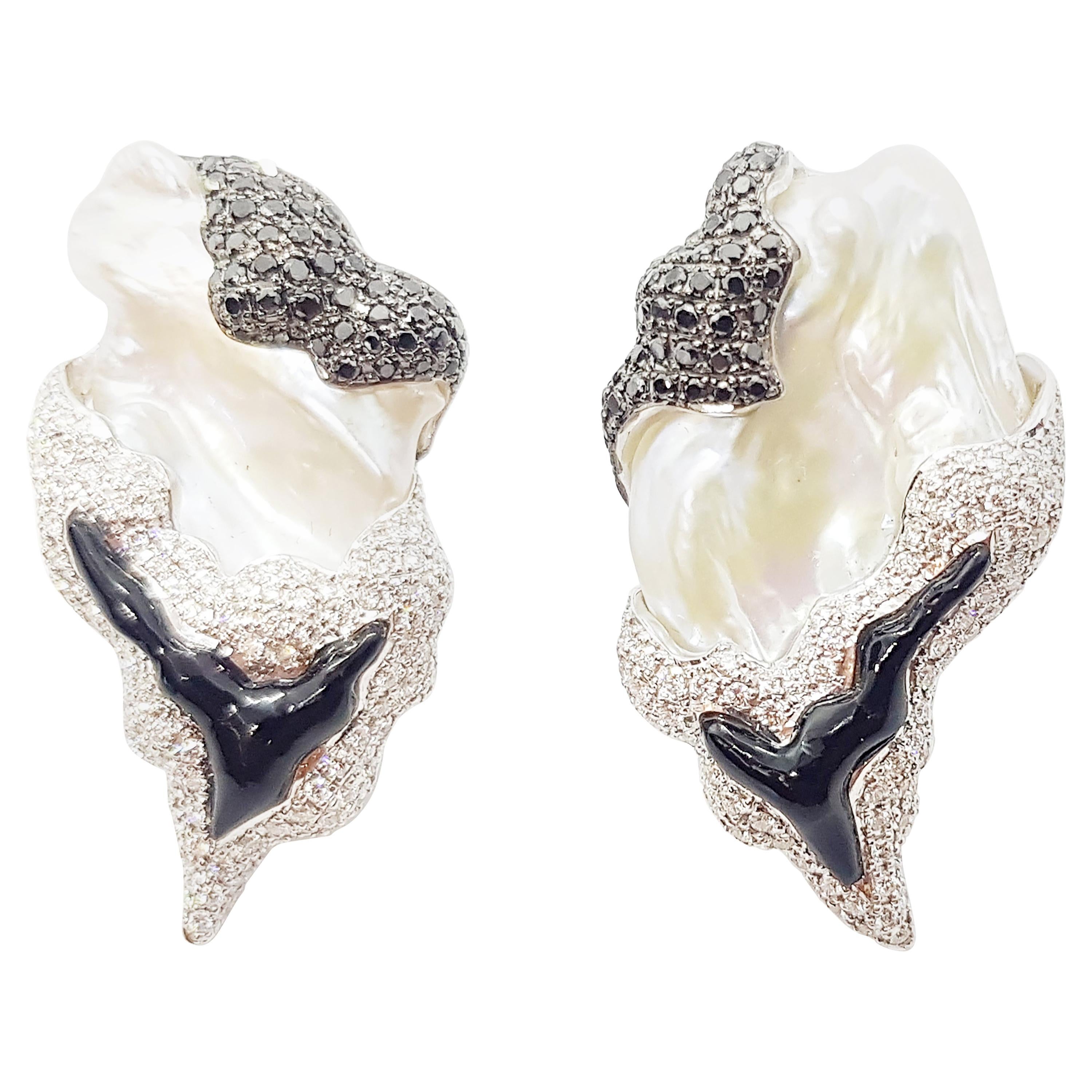 Pearl, Onyx, Black Diamond and Diamond Earrings in 18 Karat White Gold Settings For Sale
