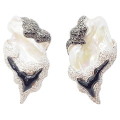 Pearl, Onyx, Black Diamond and Diamond Earrings in 18 Karat White Gold Settings