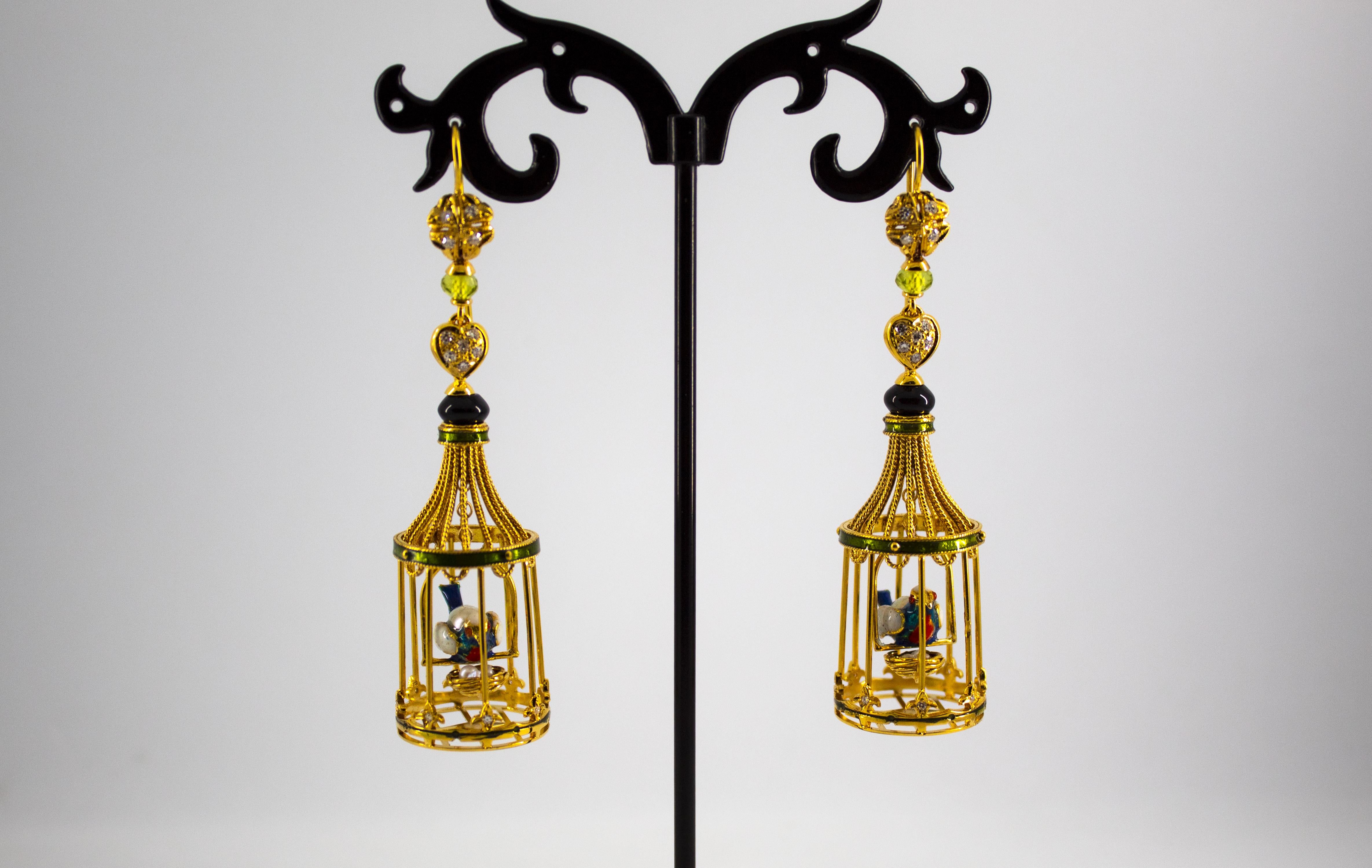 Pearl Onyx Coral Quartz Enamel White Diamond Yellow Gold Bird Cage Drop Earrings In New Condition In Naples, IT