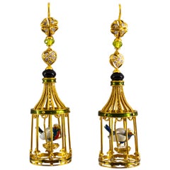 Pearl Onyx Coral Quartz Enamel White Diamond Yellow Gold Bird Cage Drop Earrings