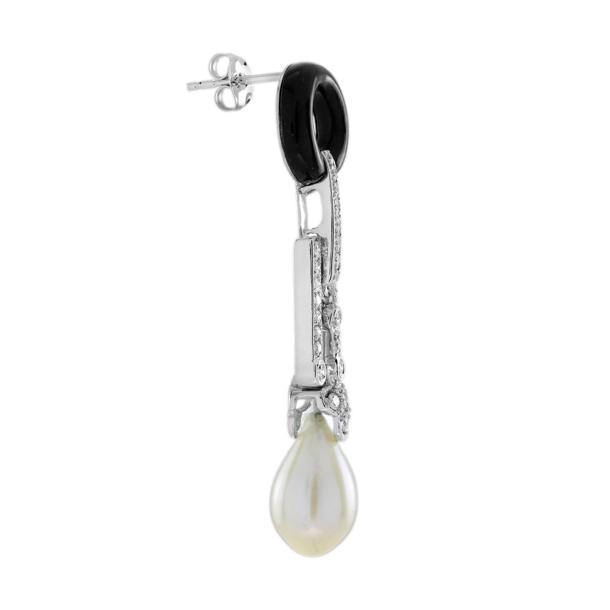 Art Déco Orecchini a goccia con perle, onice e diamanti in stile Art Deco in oro bianco 14K in vendita