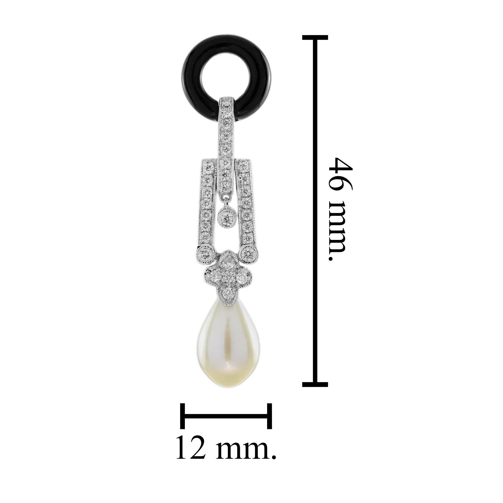 Orecchini a goccia con perle, onice e diamanti in stile Art Deco in oro bianco 14K In condizioni Nuovo in vendita a Bangkok, TH