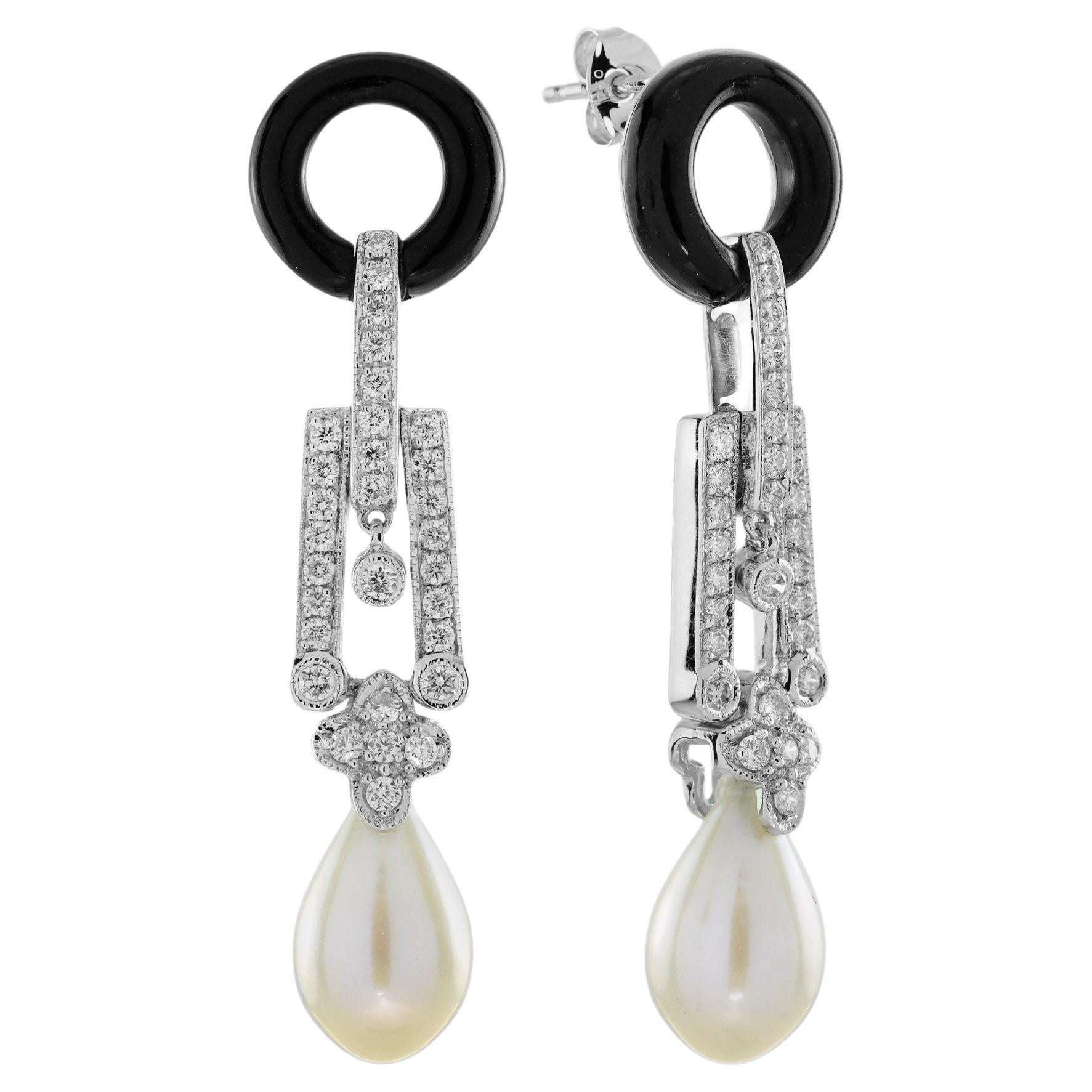 Orecchini a goccia con perle, onice e diamanti in stile Art Deco in oro bianco 14K