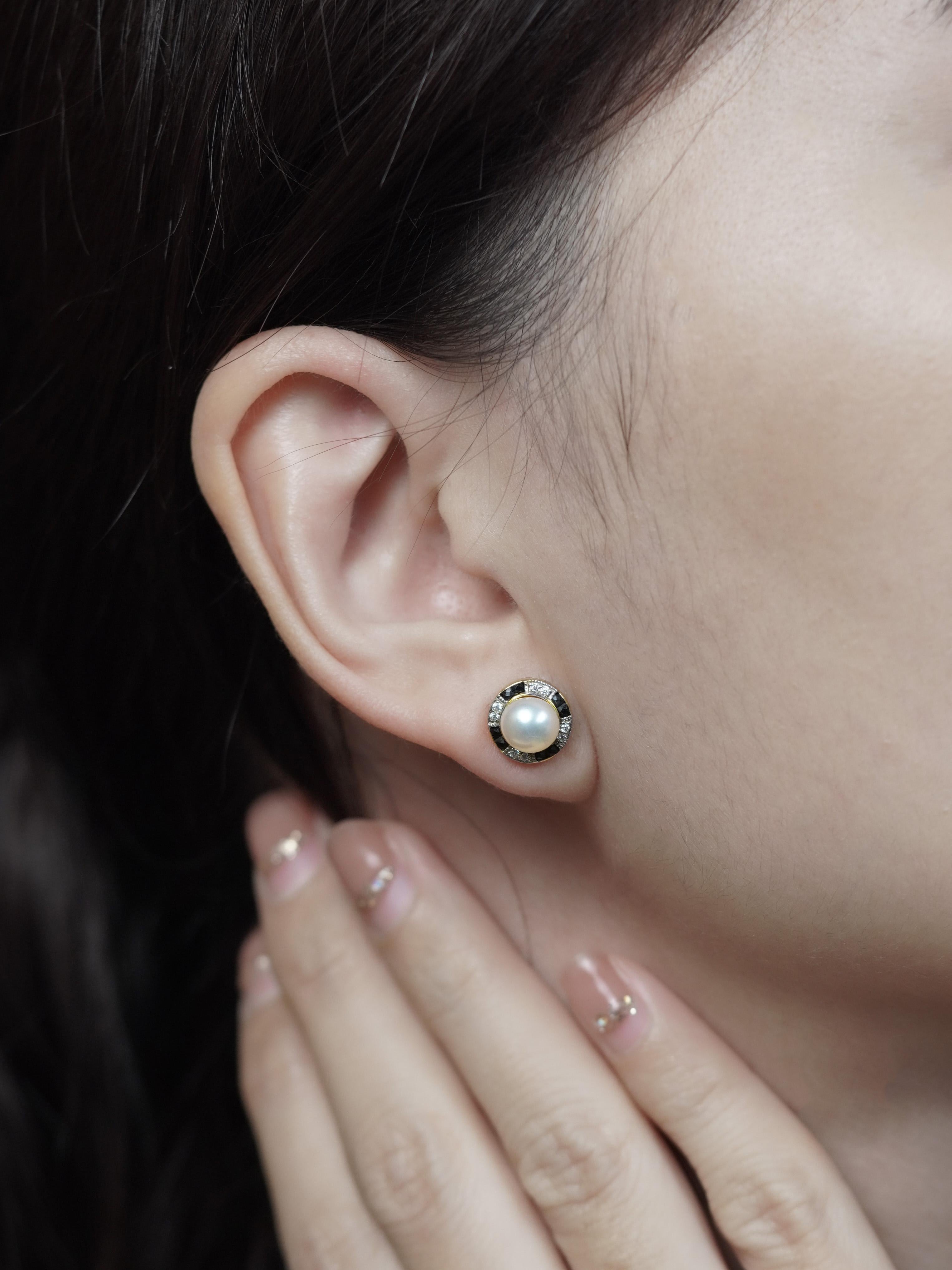 Art déco Boucles d'oreilles en or jaune 14K avec perles, onyx et diamants de style Art Déco en vente