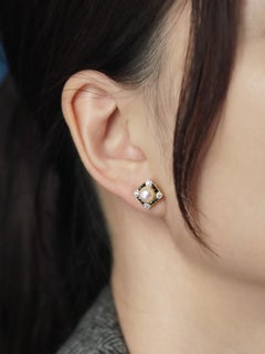 Pearl Onyx Diamond Square Pendant and Earrings Jewelry Set in 14k Yellow Gold