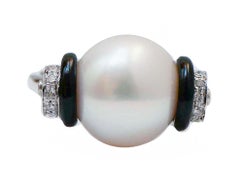 Pearl, Onyx, Diamonds, Platinum Ring.