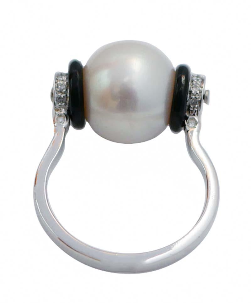 Retro Pearl, Onyx, Diamonds, Platinum Ring.