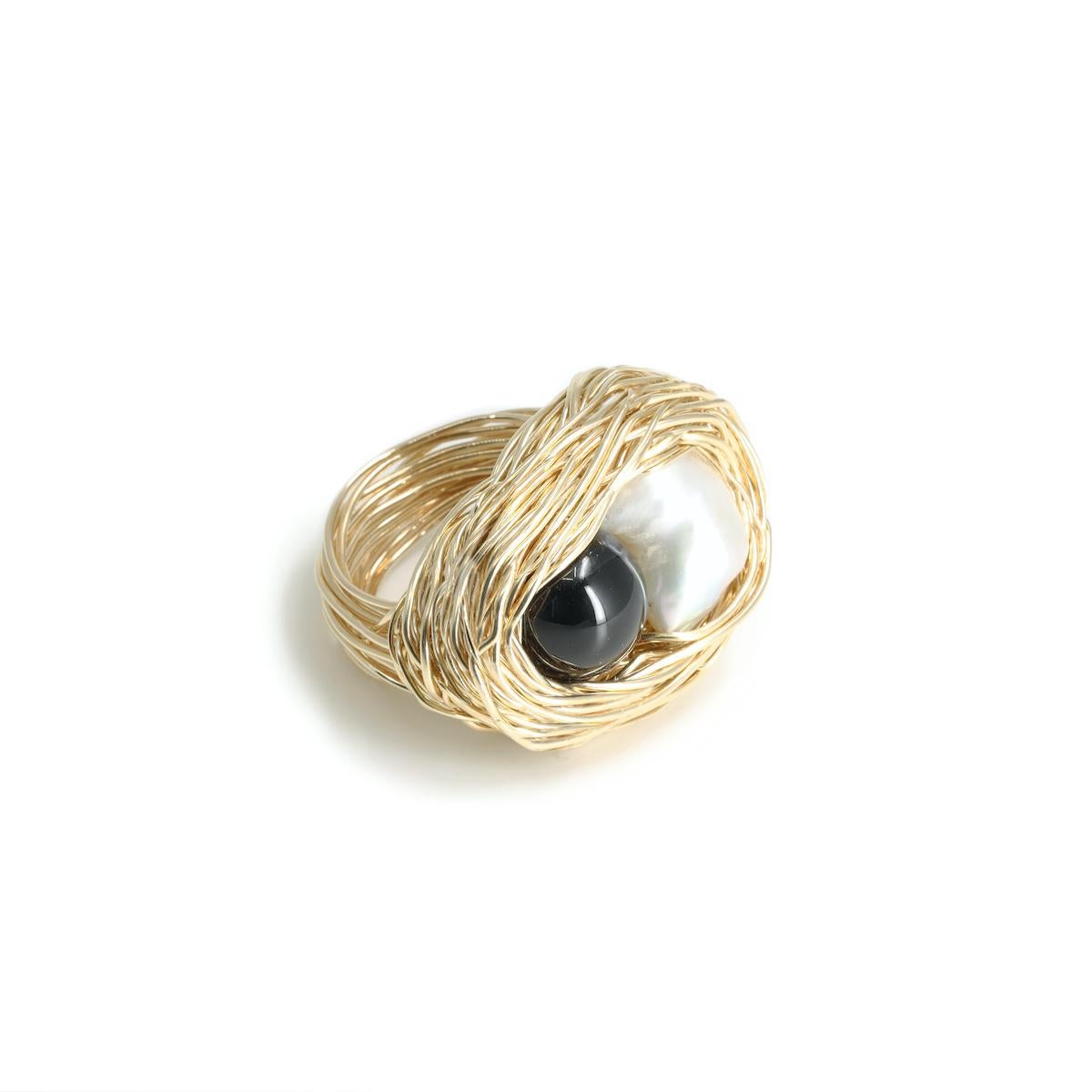 Rough Cut Pearl & Onyx in 14 Kt Gold F One-Off Cocktail Statement Ring by the Artist For Sale