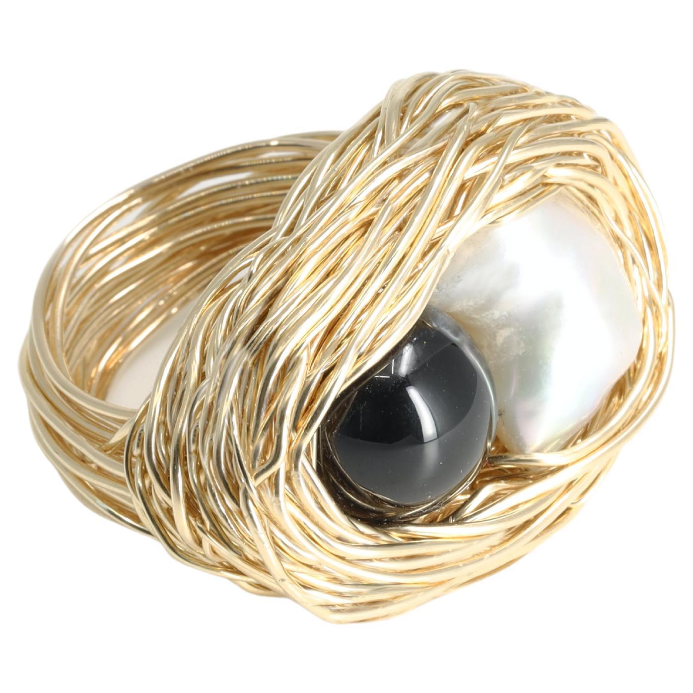 Pearl & Onyx in 14 Kt Gold F One-Off Cocktail Statement Ring by the Artist For Sale