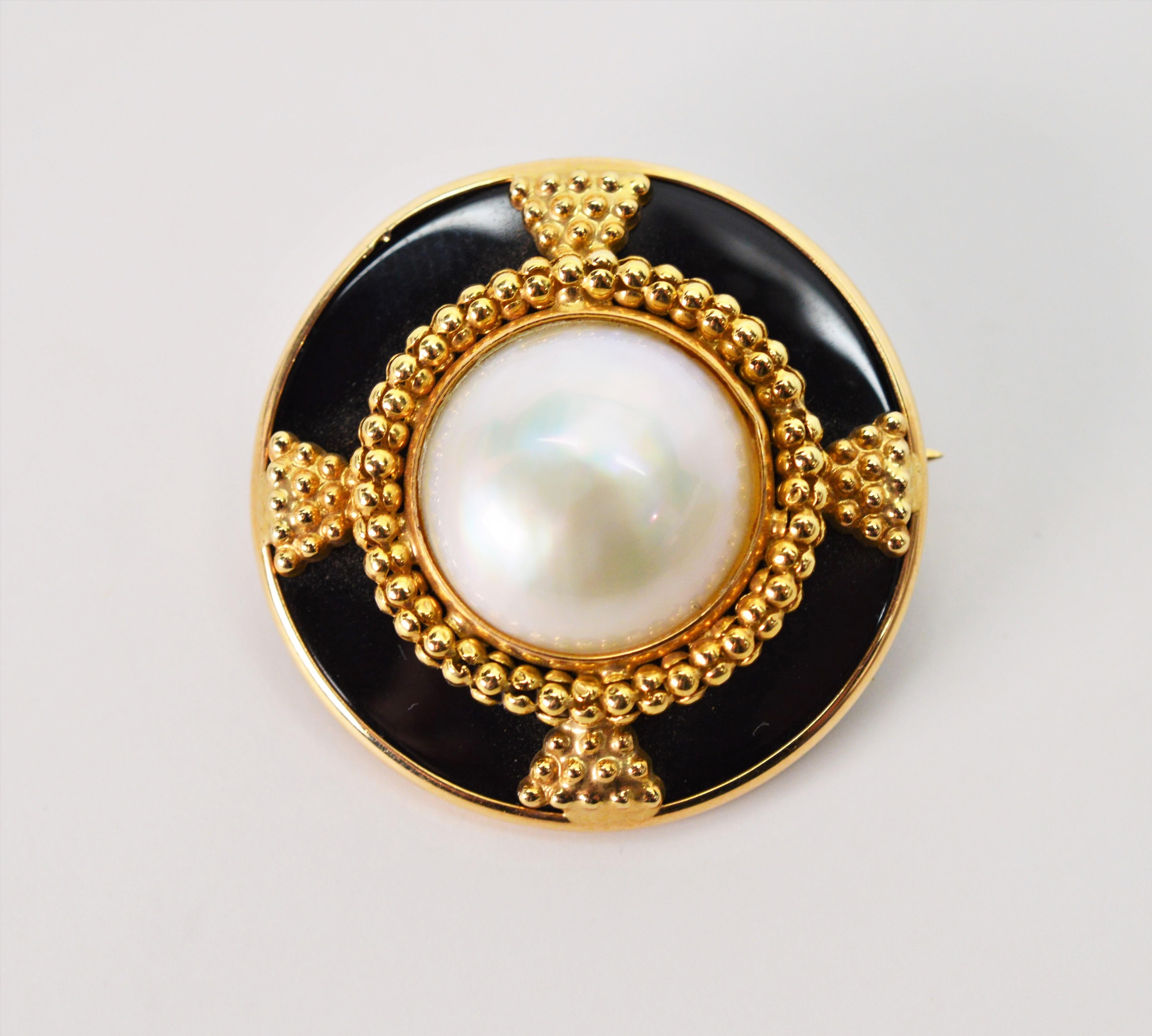Pearl and Onyx Yellow Gold Emblem Brooch In Excellent Condition In Mount Kisco, NY