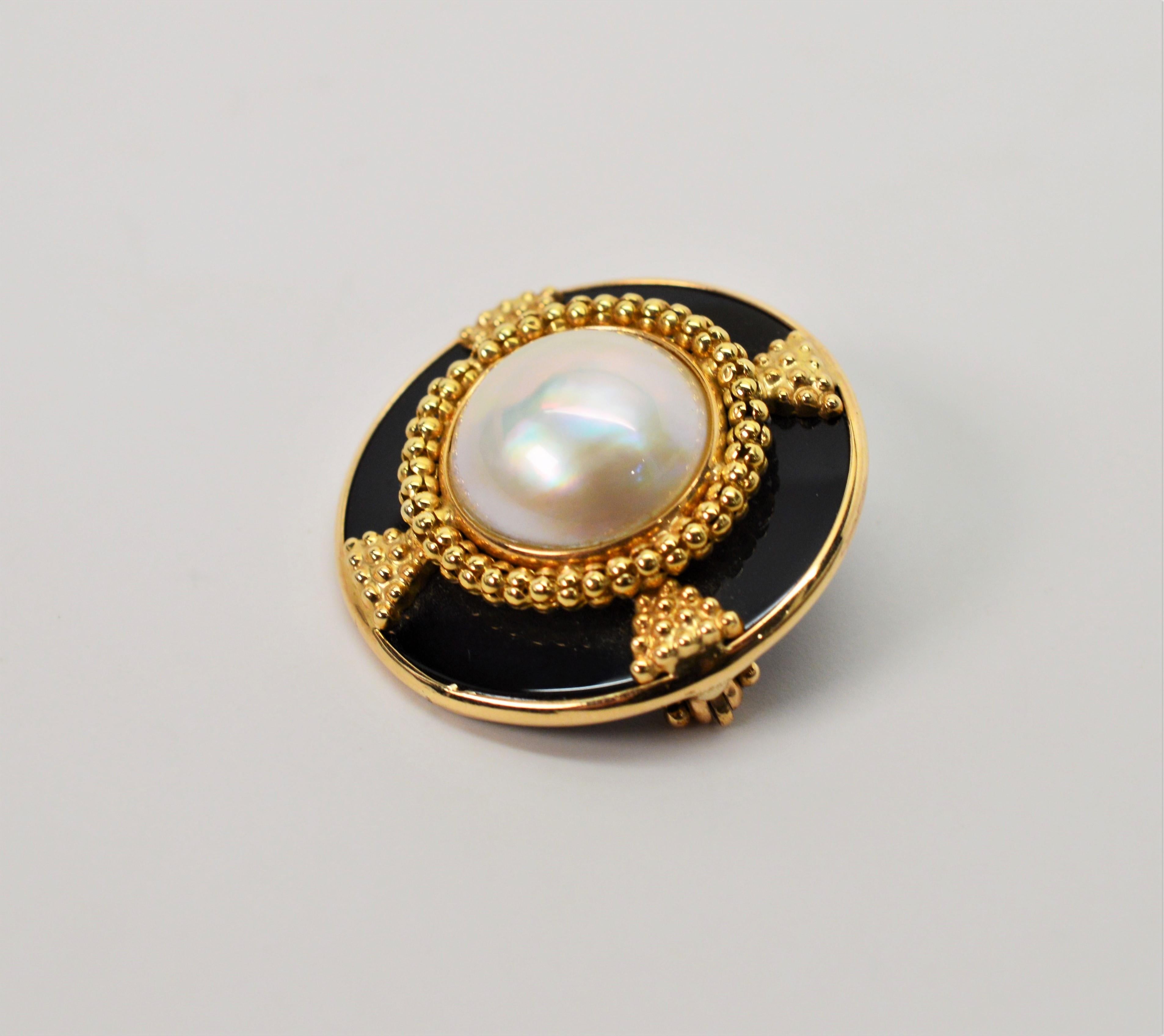 Women's Pearl and Onyx Yellow Gold Emblem Brooch