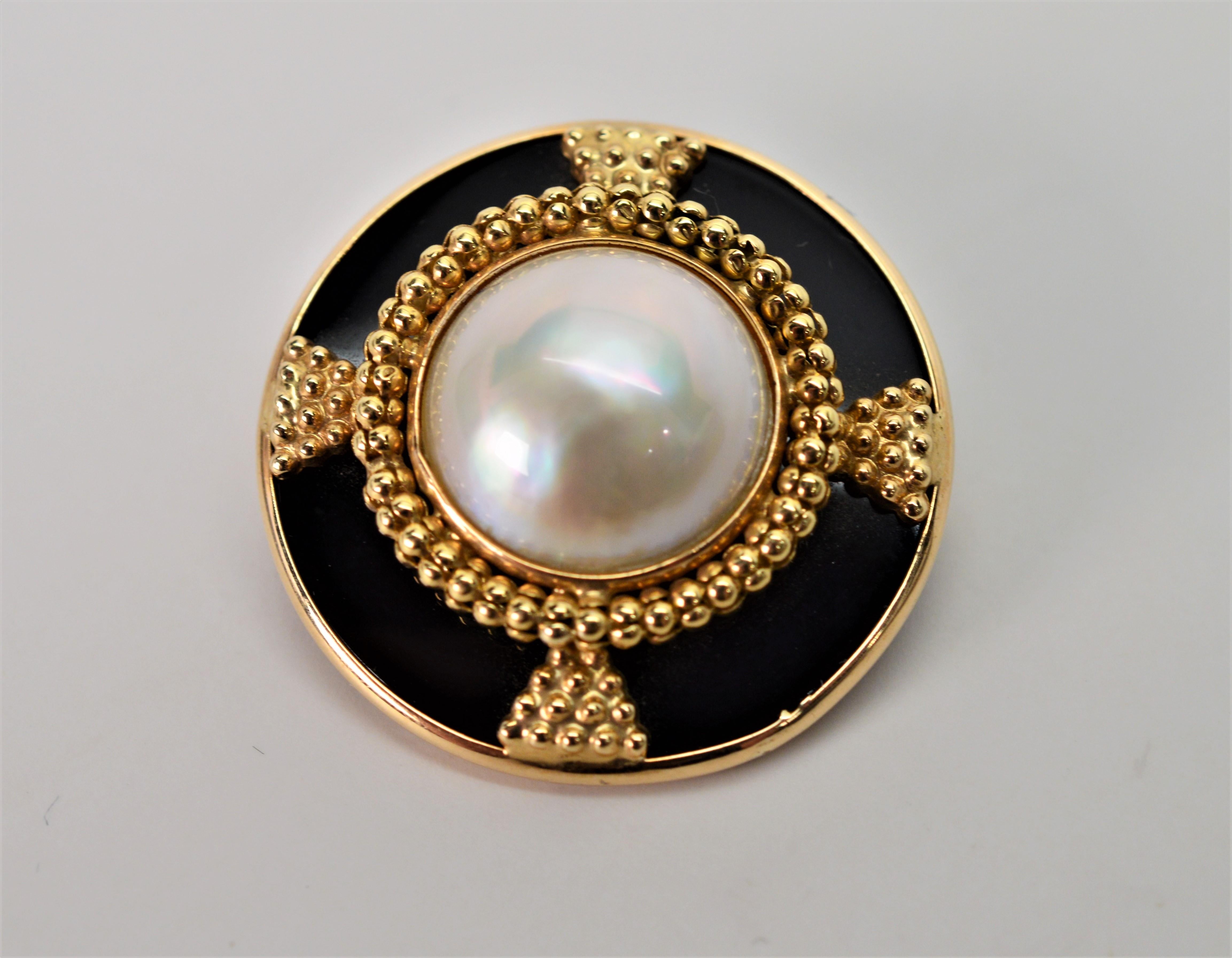 Pearl and Onyx Yellow Gold Emblem Brooch 1