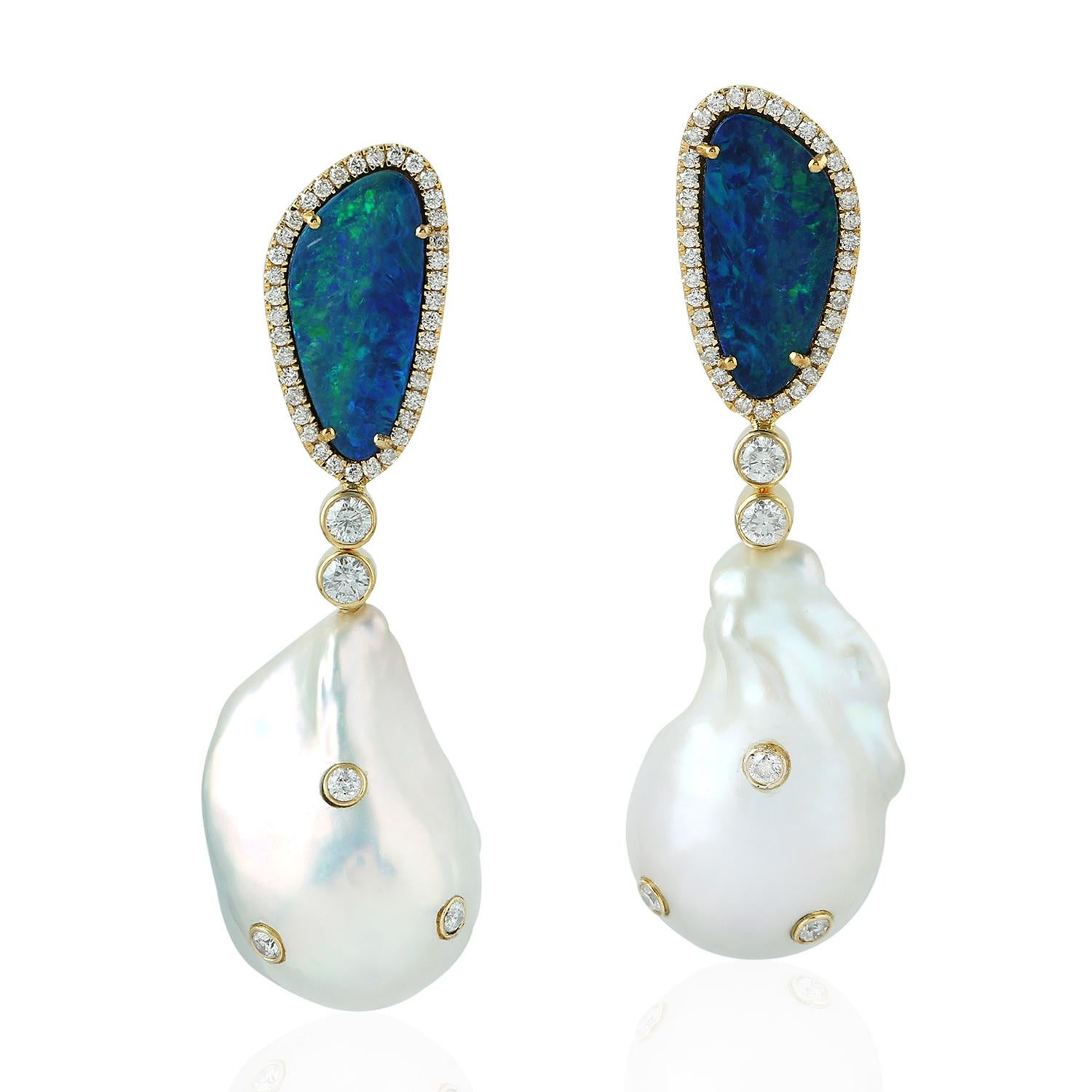 Modern Pearl Opal 18 Karat Gold Diamond Earrings For Sale