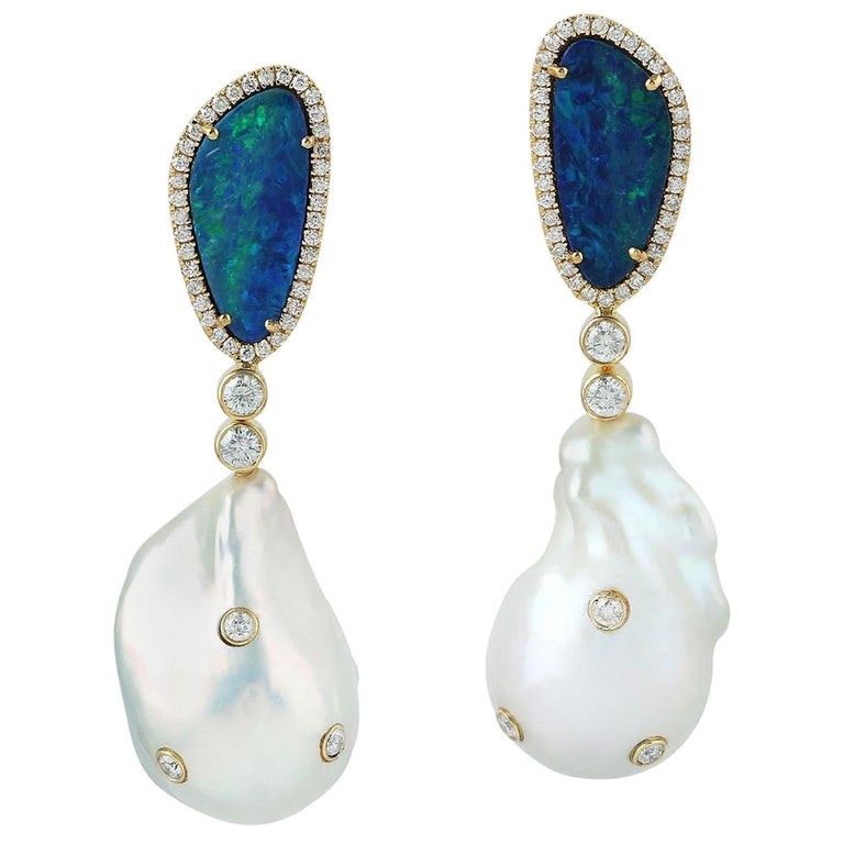 Pearl Opal 18 Karat Gold Diamond Earrings For Sale at 1stDibs