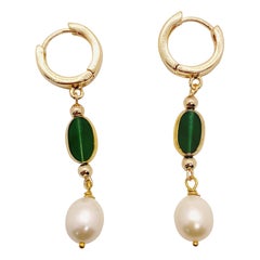 Pearl & Oval Emerald Vintage German Glass Beads edged with 24K gold Earrings