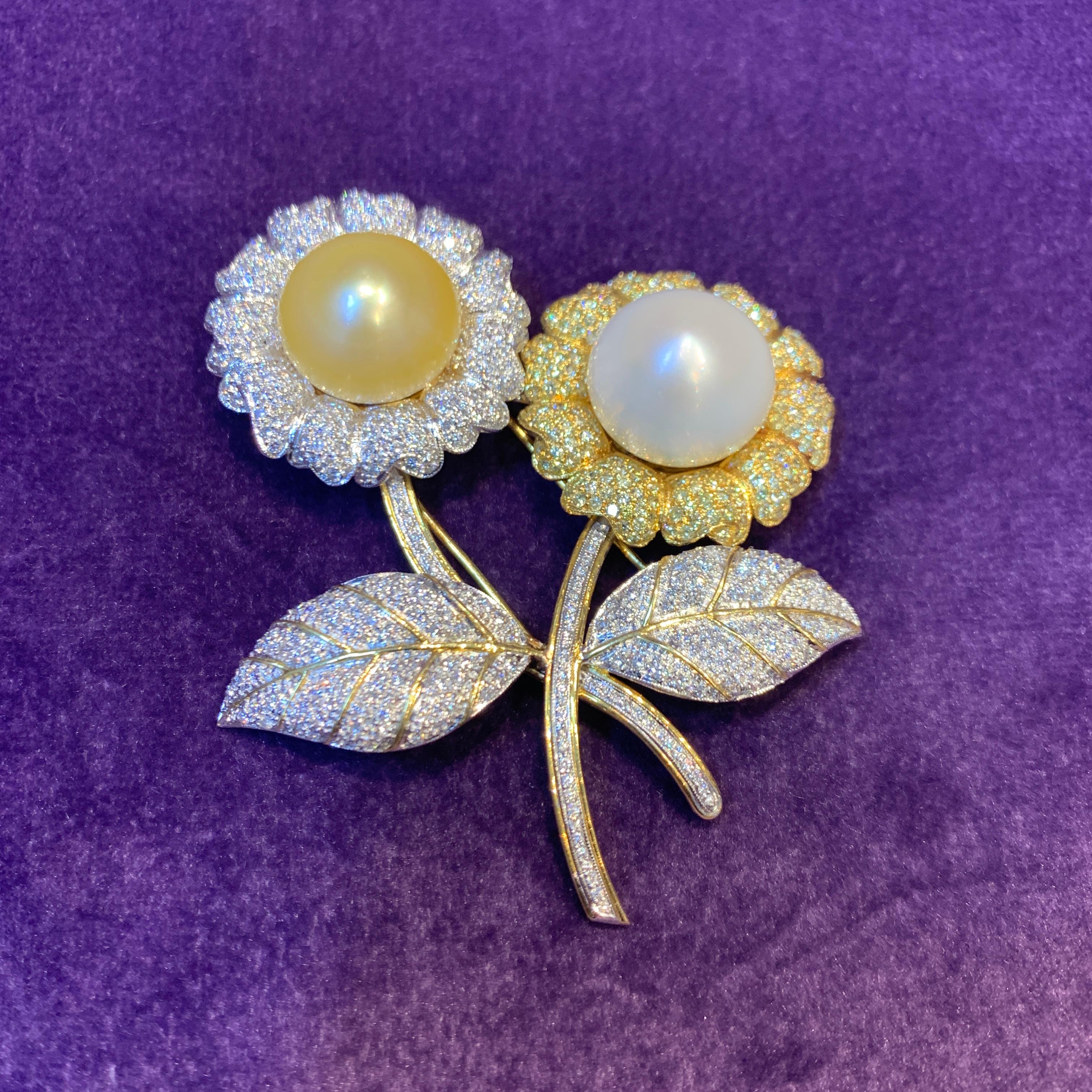 Pearl & Pave Diamond Double Flower Brooch In Excellent Condition For Sale In New York, NY
