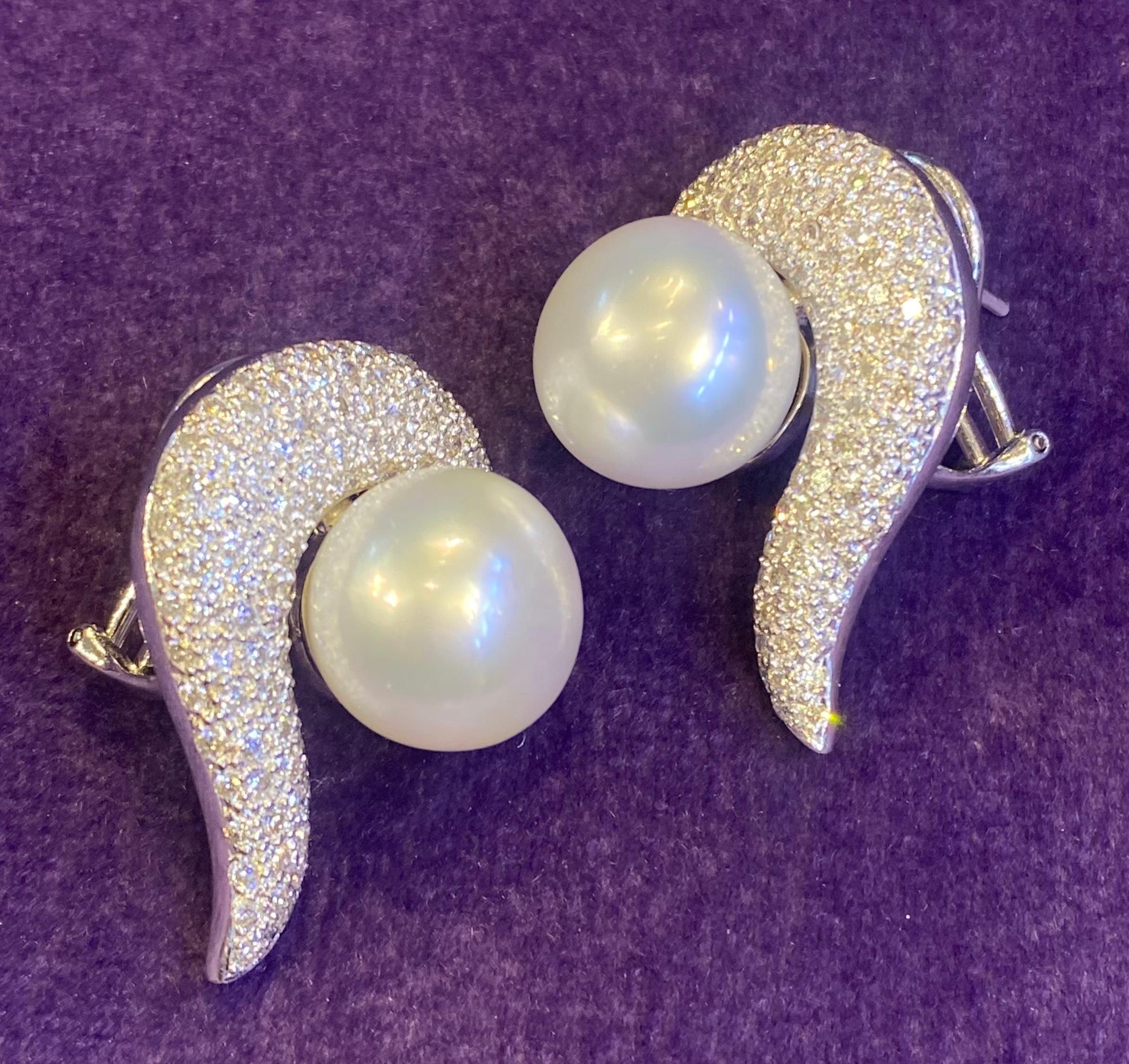 Women's Pearl & Pave Diamond Earrings For Sale
