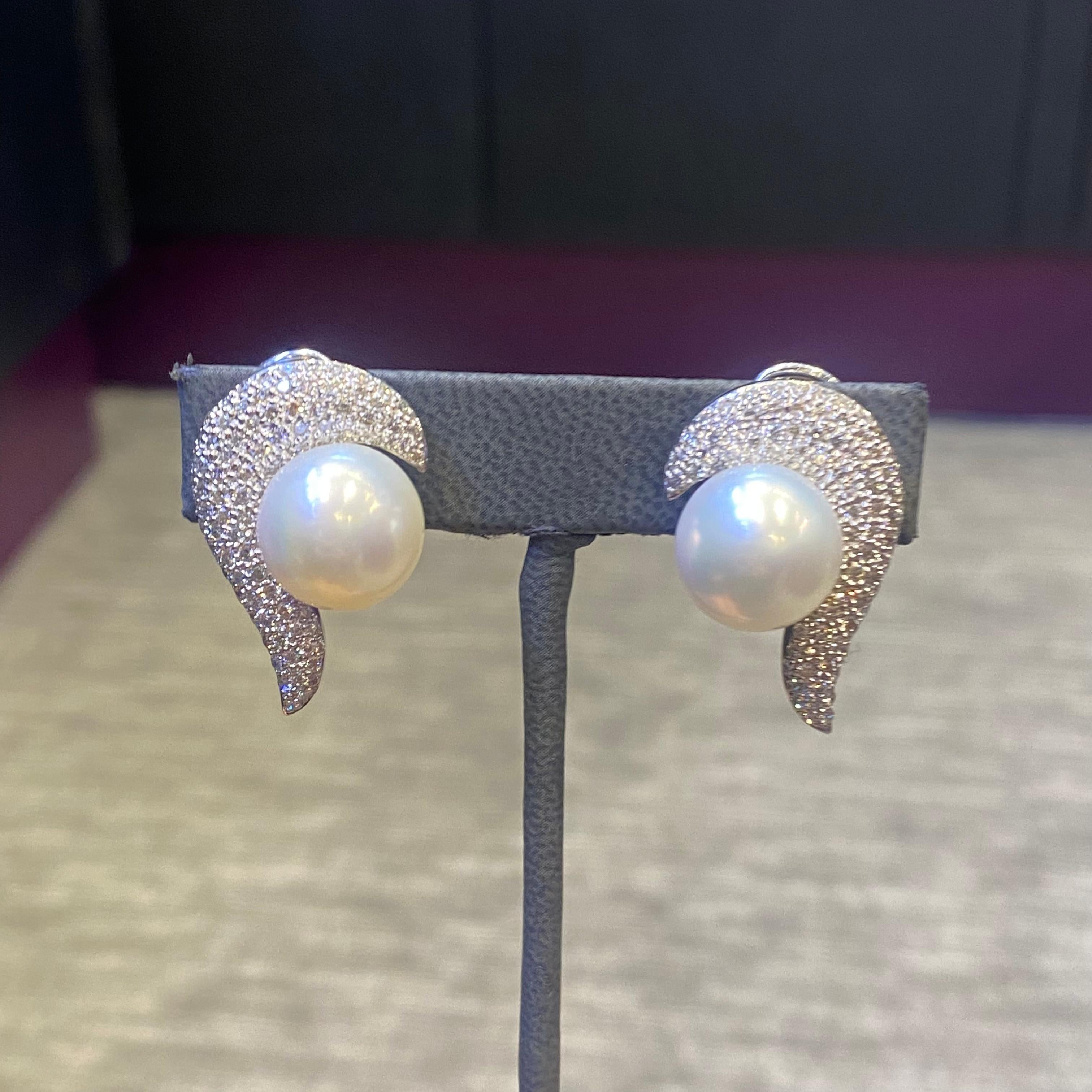 Pearl & Pave Diamond Earrings For Sale 2