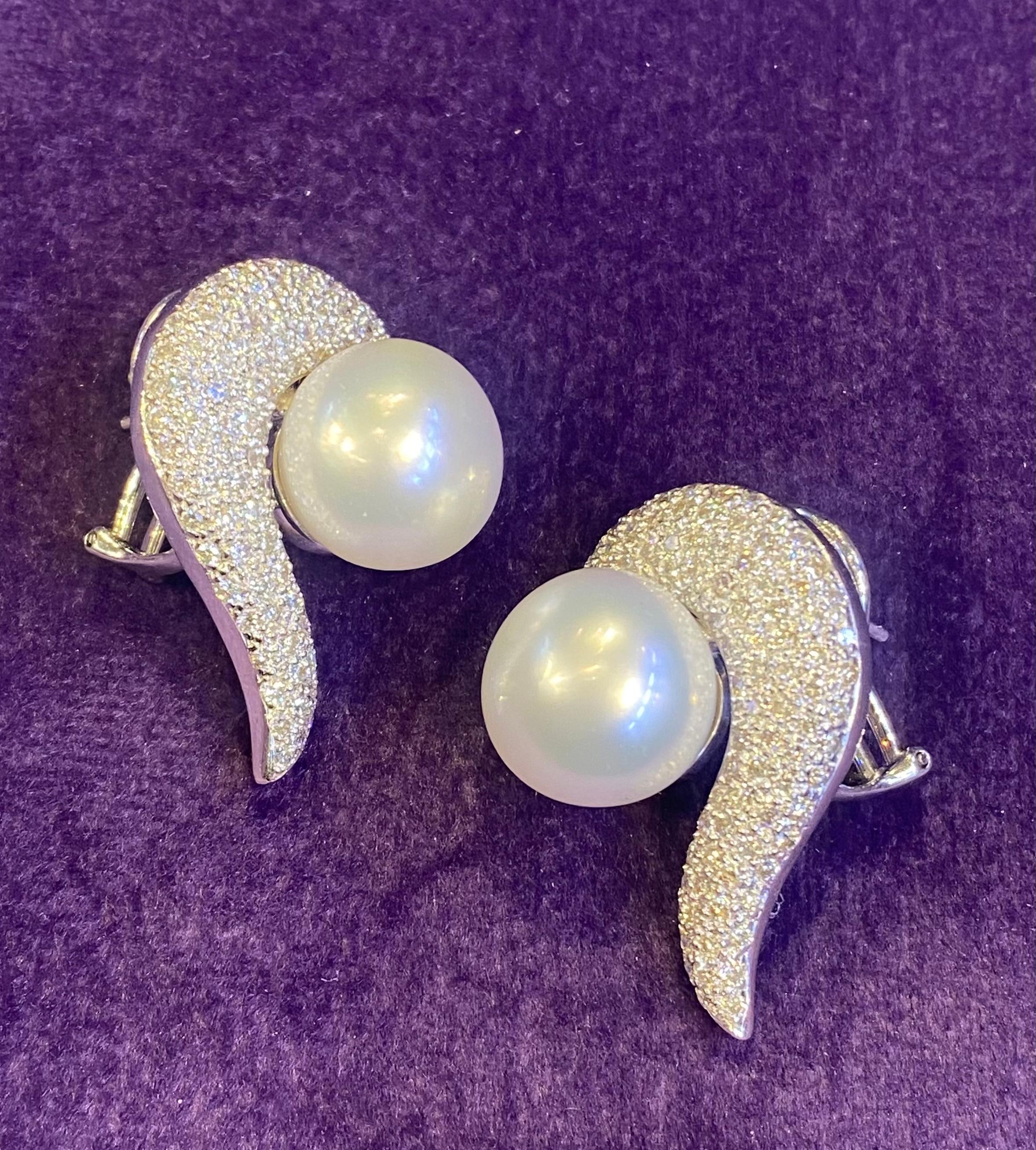 Pearl & Pave Diamond Earrings For Sale 3