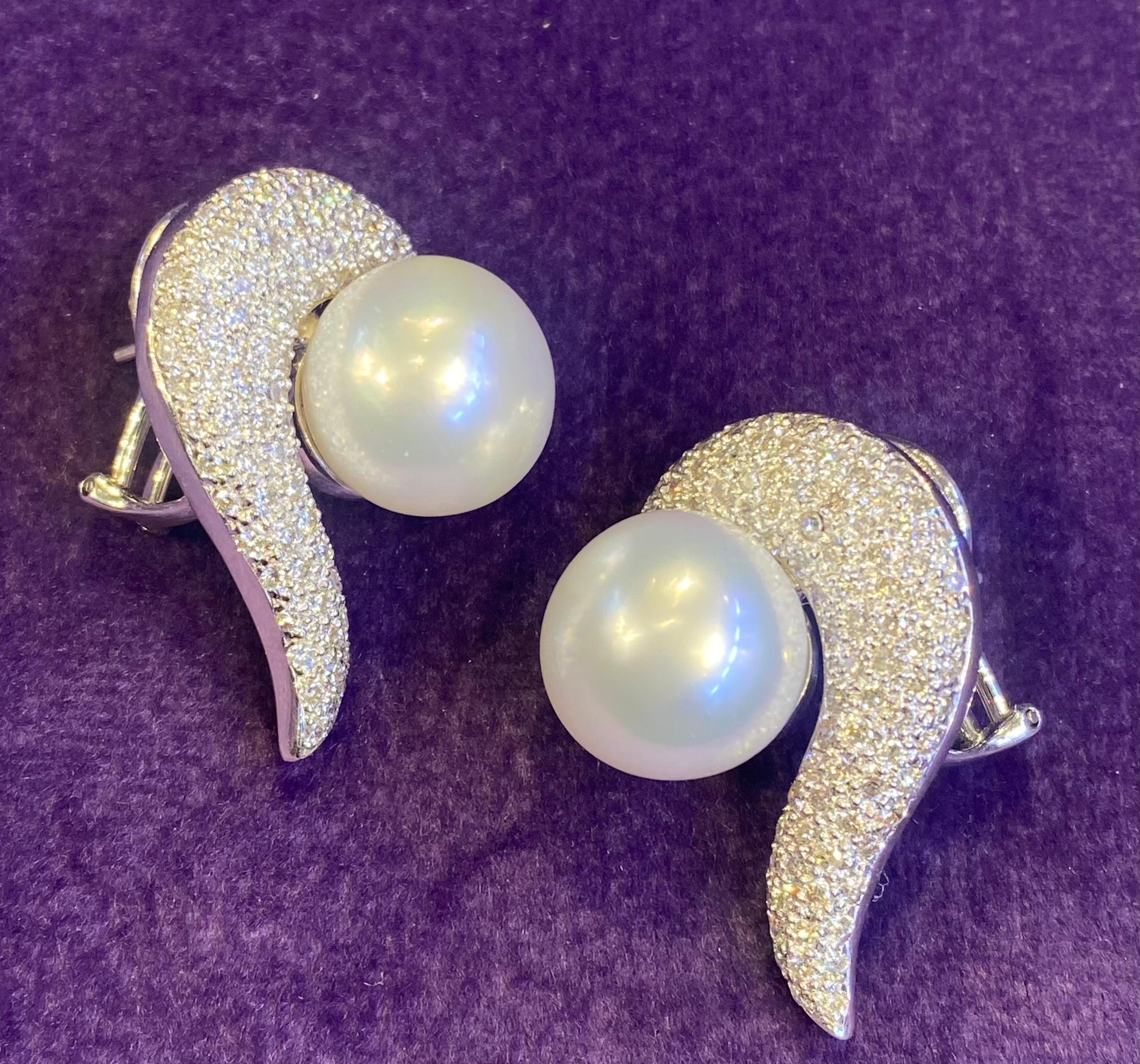 Pearl & Pave Diamond Earrings For Sale 4