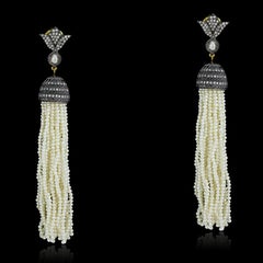 Pearl Tassel & Pave Diamond Earrings Made In 14k Gold & Silver