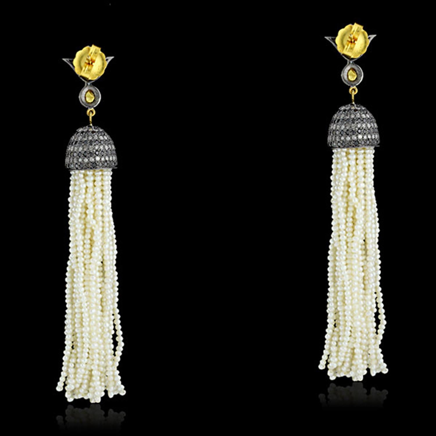 Artisan Pearl Tassel & Pave Diamond Earrings Made In 14k Gold & Silver For Sale