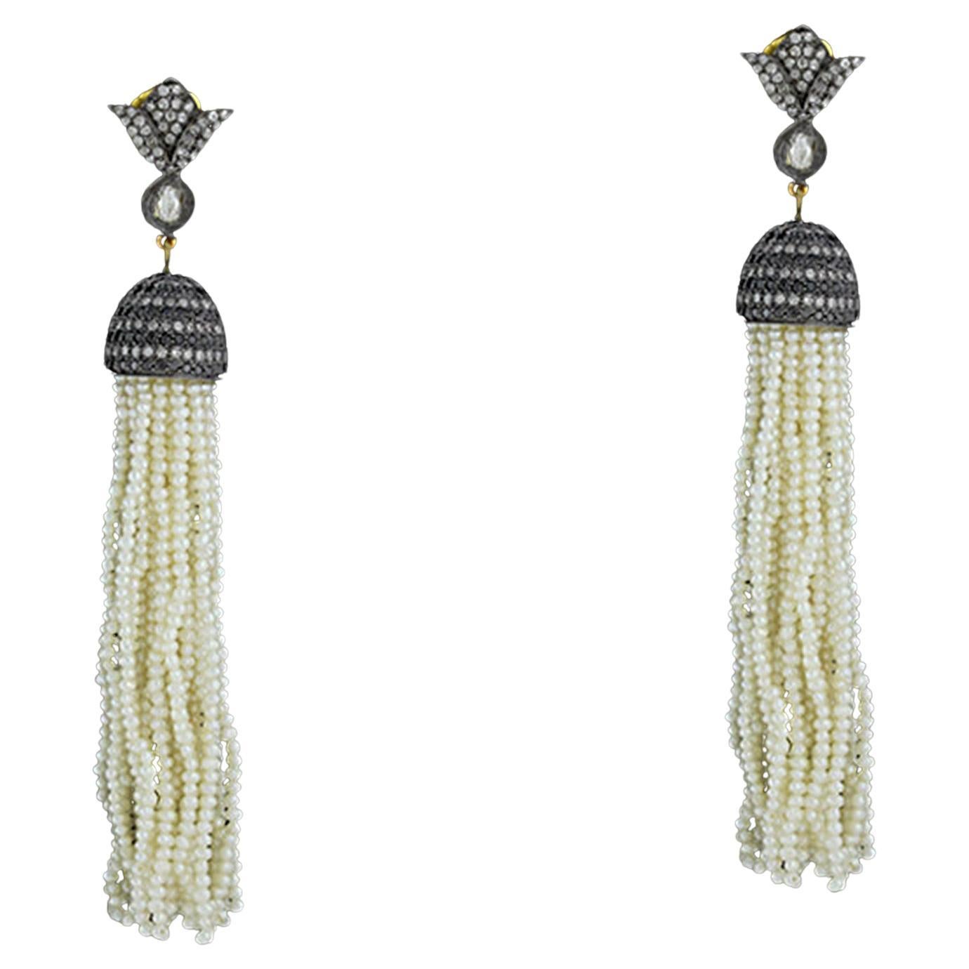 Pearl Tassel & Pave Diamond Earrings Made In 14k Gold & Silver For Sale