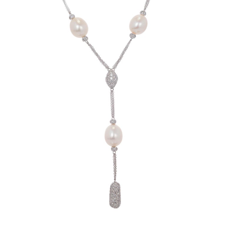 Pearl Pave Diamond White Gold Drop Necklace For Sale at 1stDibs