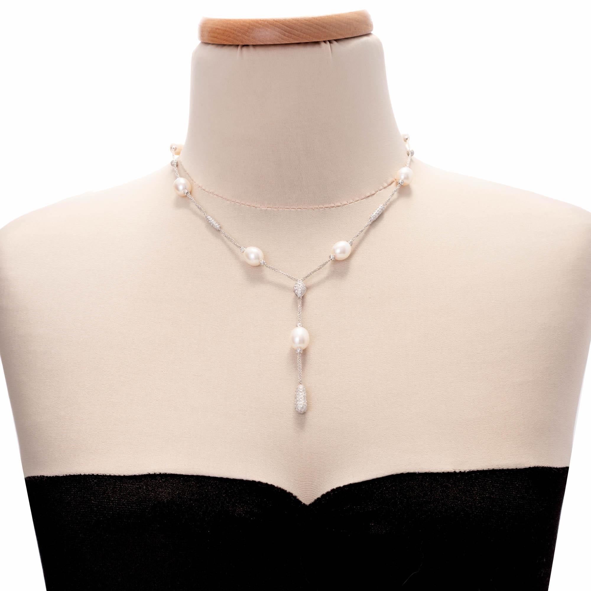 Women's 4.20 Carat Pave Diamond Freshwater Pearl White Gold Drop Necklace