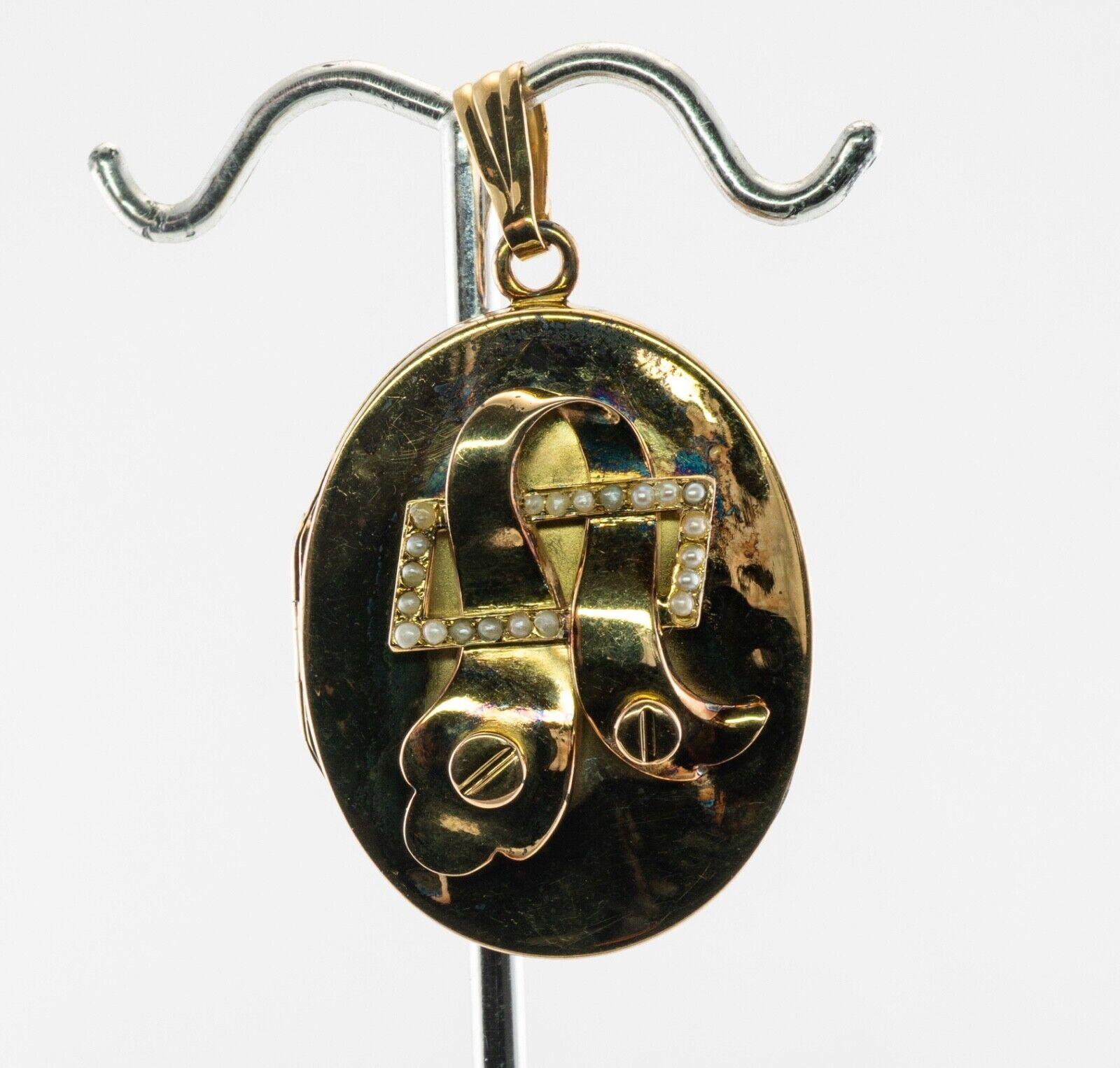 Taille ronde Pendentif médaillon ovale ancien en or 14 carats avec perles en vente