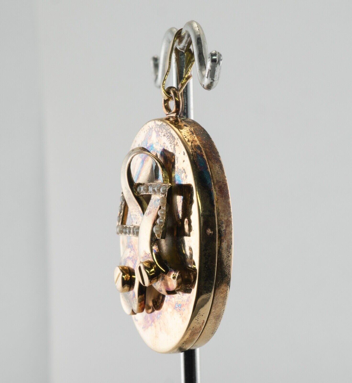 Pendentif médaillon ovale ancien en or 14 carats avec perles en vente 2