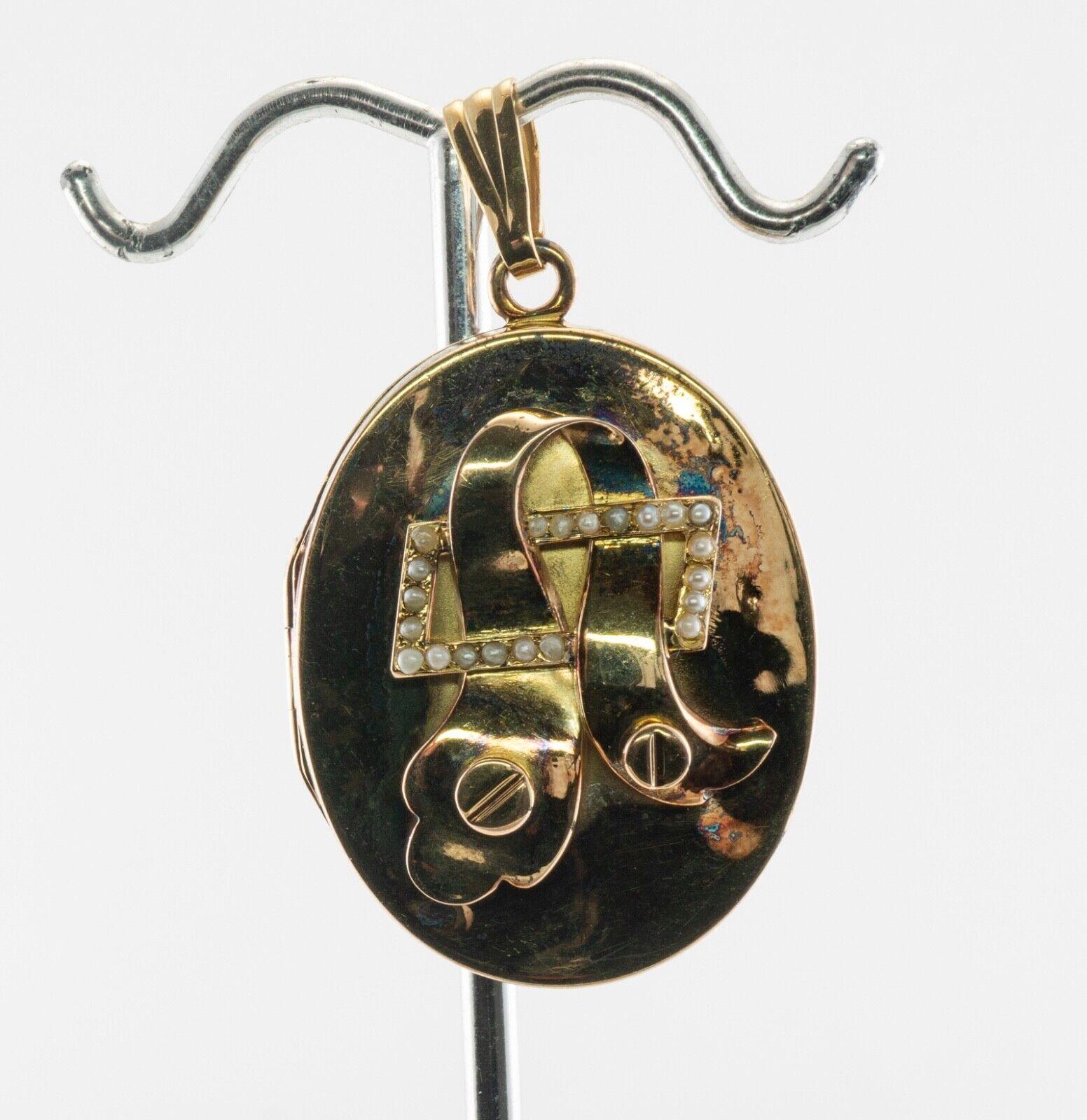 Pendentif médaillon ovale ancien en or 14 carats avec perles en vente 3