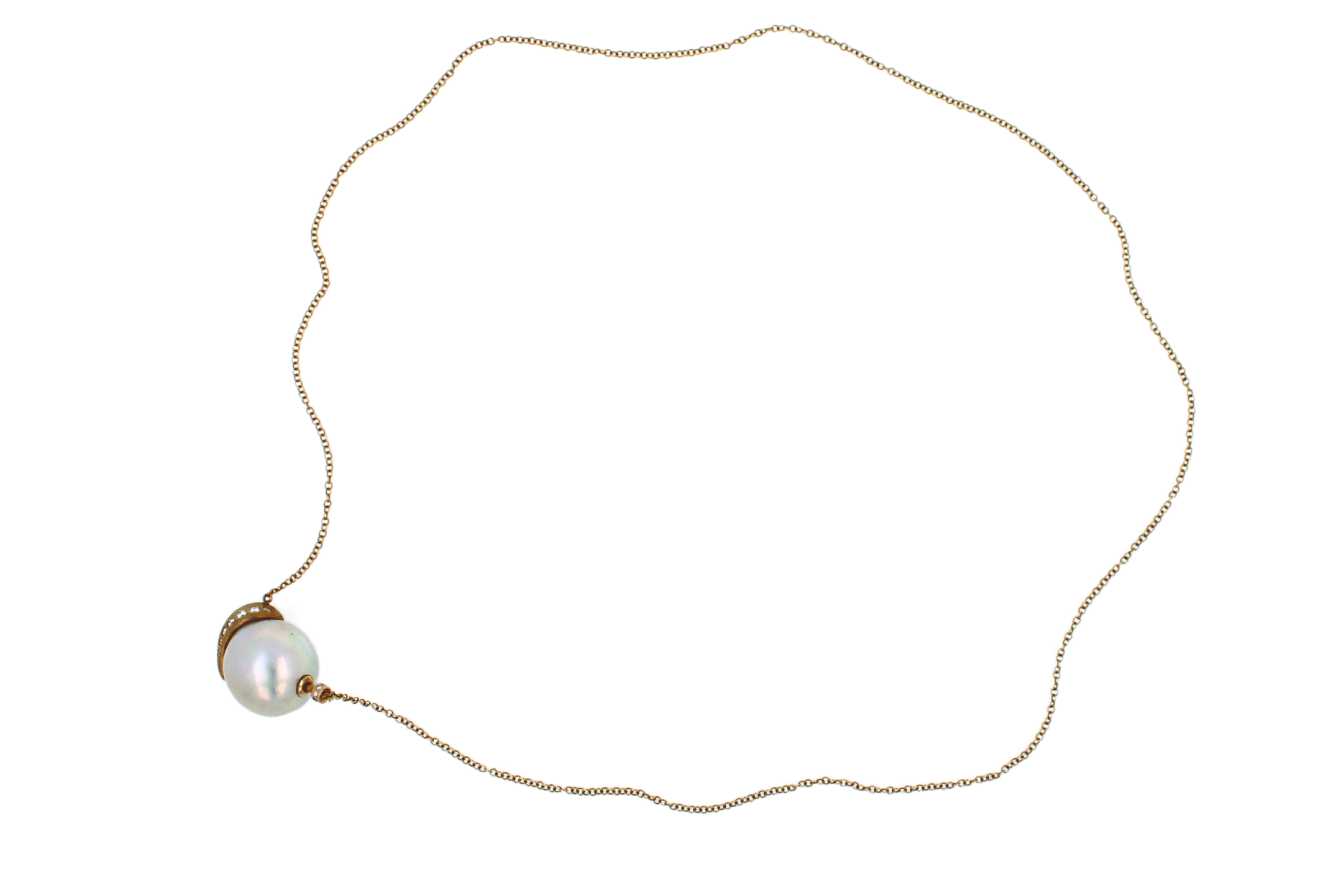 Oval Cut White South Sea Pearl Diamond 18K Gold Statin Brushed Gold Pendant Necklace For Sale