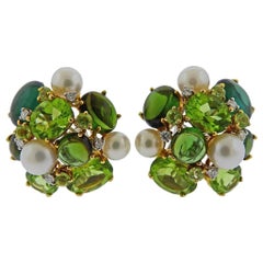 Pearl Peridot Diamond Tourmaline Gold Cocktail Earrings