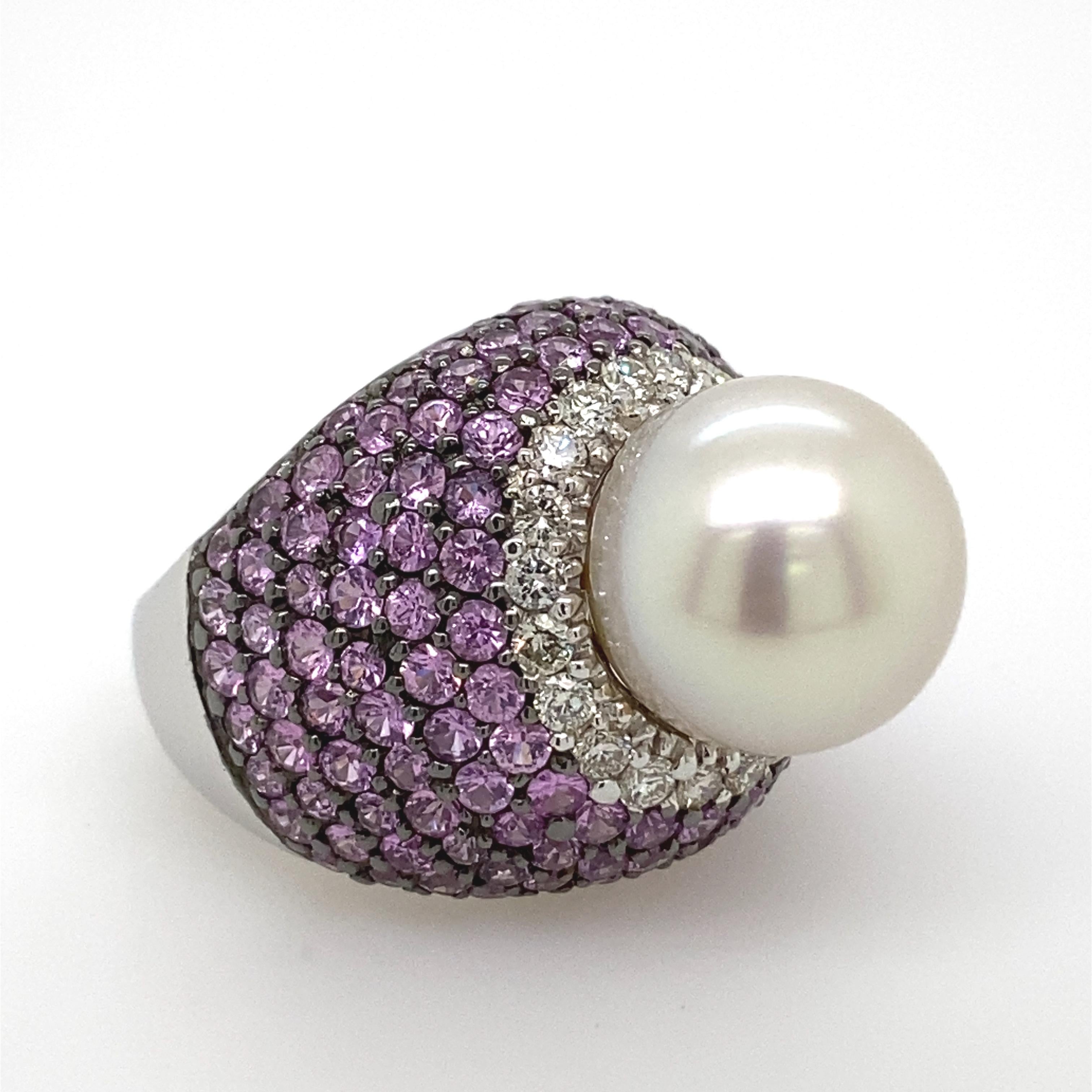Contemporary Pearl, Pink Sapphire, and Diamond Ring 18 Karat White Gold For Sale