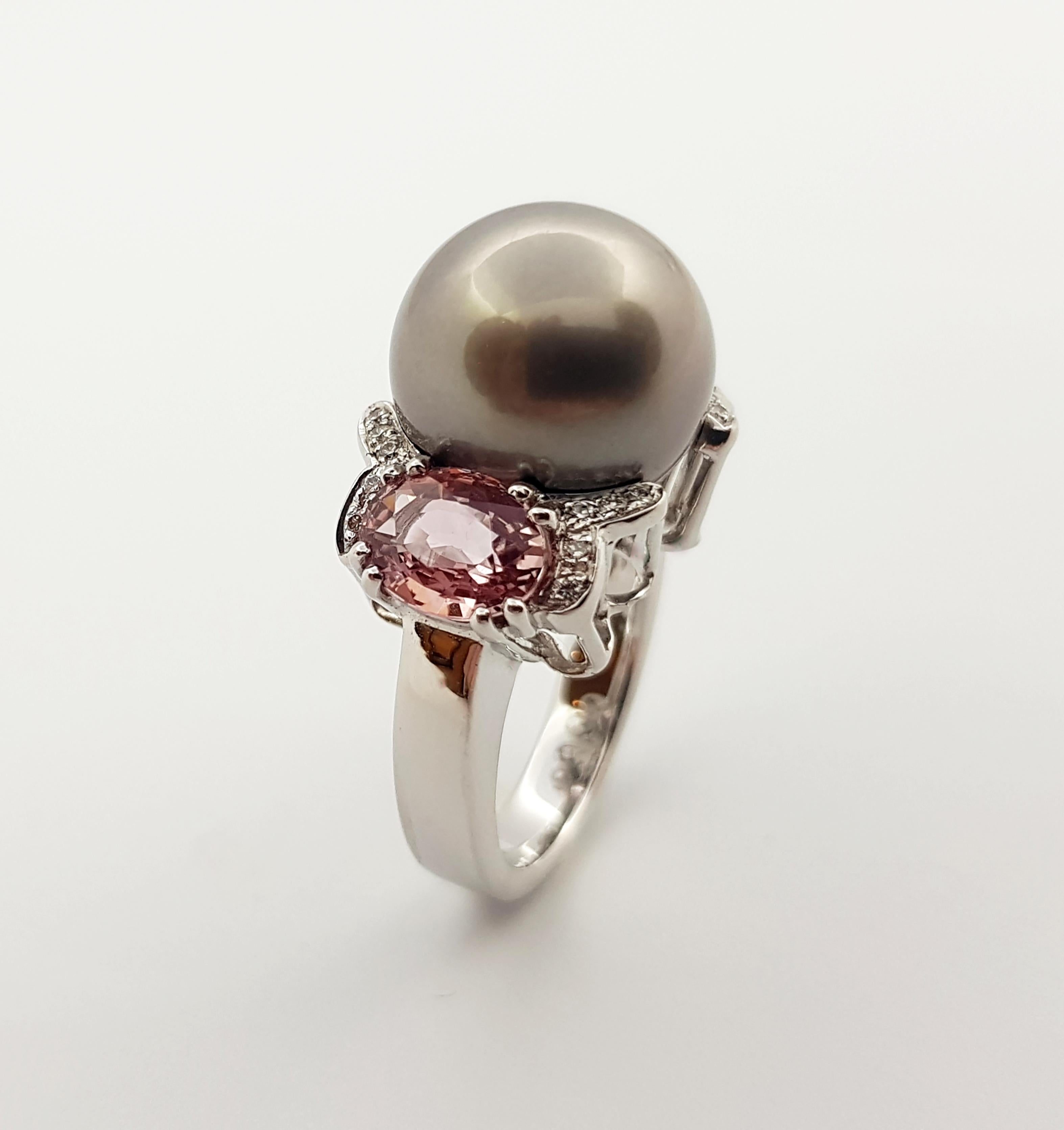 Pearl, Pink Sapphire and Diamond Ring Set in 18 Karat White Gold Settings For Sale 2