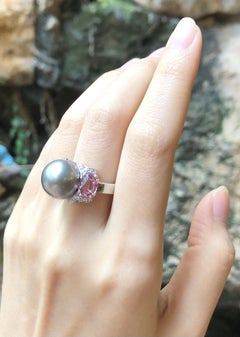 Pearl, Pink Sapphire and Diamond Ring Set in 18 Karat White Gold Settings