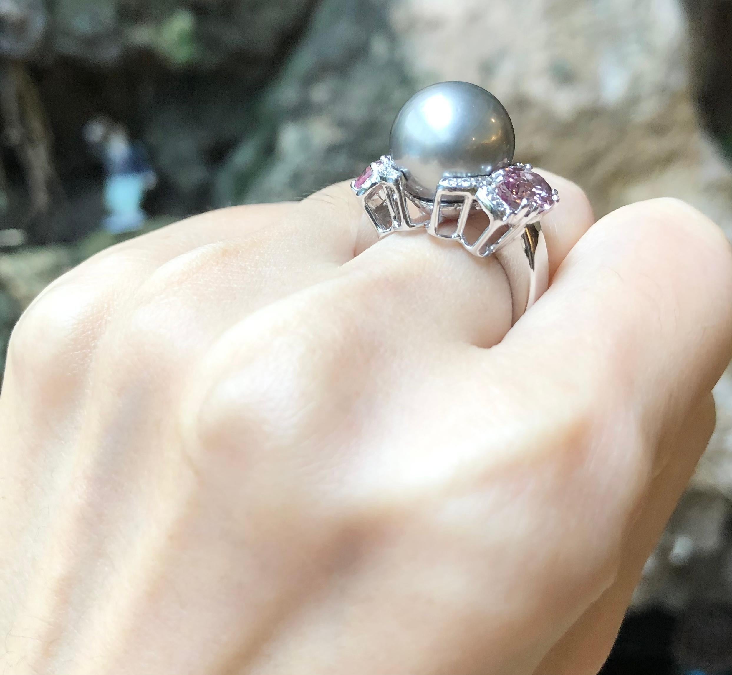 Mixed Cut Pearl, Pink Sapphire and Diamond Ring Set in 18 Karat White Gold Settings For Sale