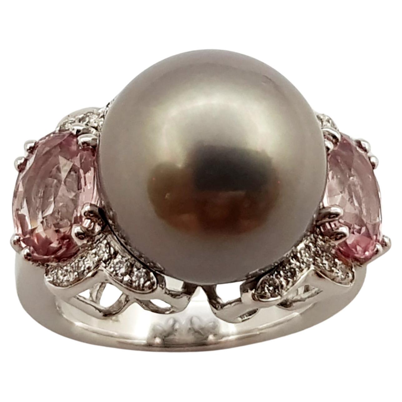 Pearl, Pink Sapphire and Diamond Ring Set in 18 Karat White Gold Settings For Sale