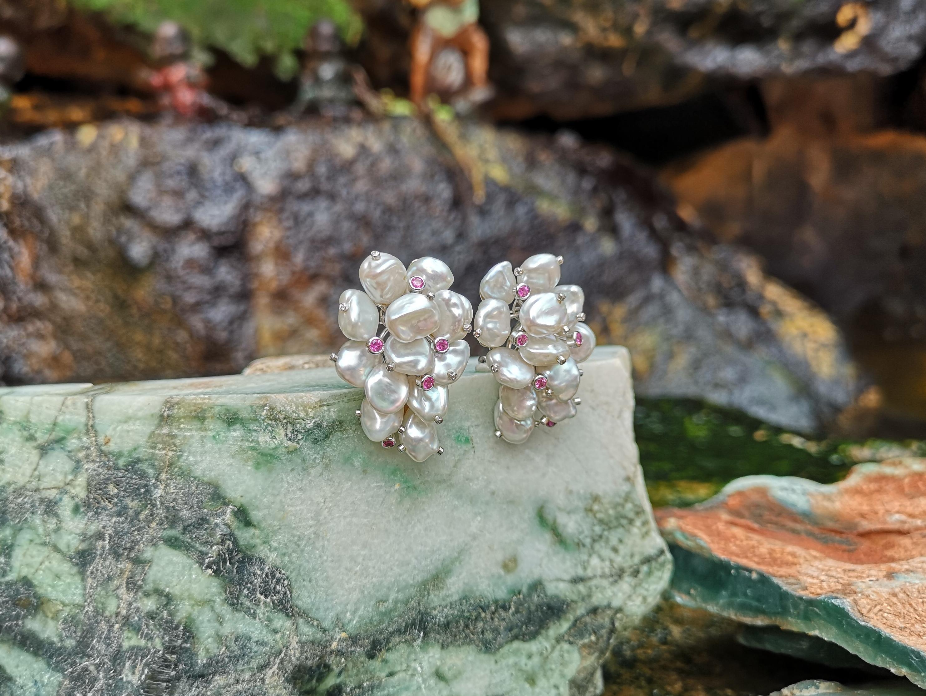 Perle, rosa Saphir, Diamant-Ohrringe aus 18 Karat Weißgold (Gemischter Schliff) im Angebot