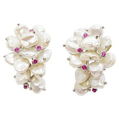 Pearl, Pink Sapphire, Diamond Earrings in 18K White Gold