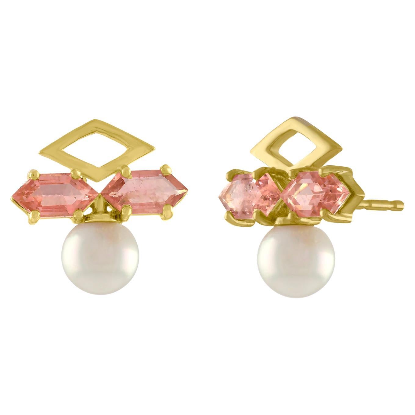 Orecchino con perla, tormalina rosa e oro 14 carati in stile Art Deco