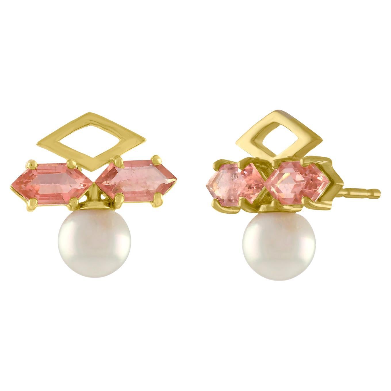 Pearl, Pink Tourmaline and 14 Karat Gold Art Deco Style Stud Earring For Sale