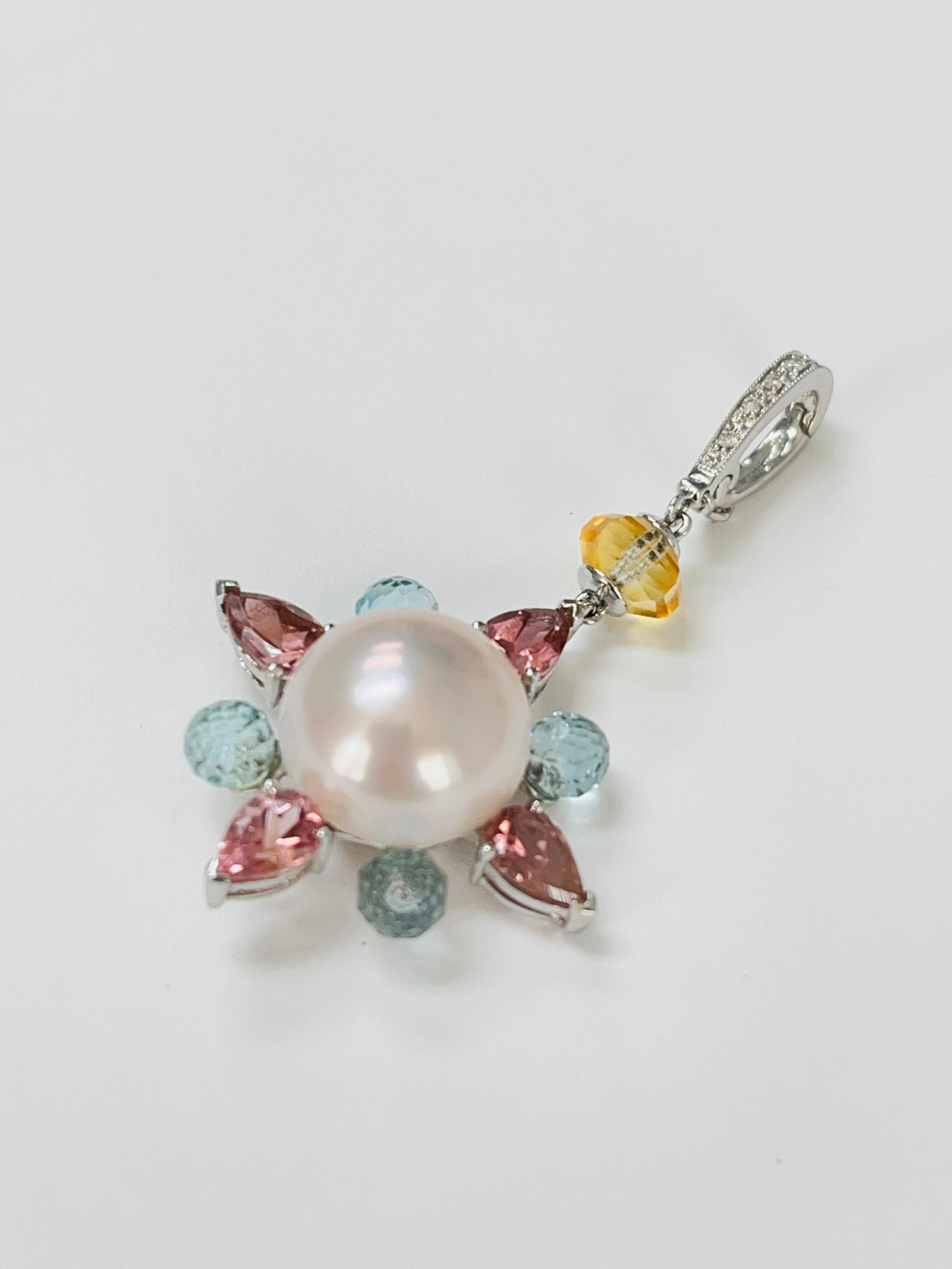 Contemporary Pearl, Pink Tourmaline, Blue Topaz and Diamond Pendant in White Gold For Sale