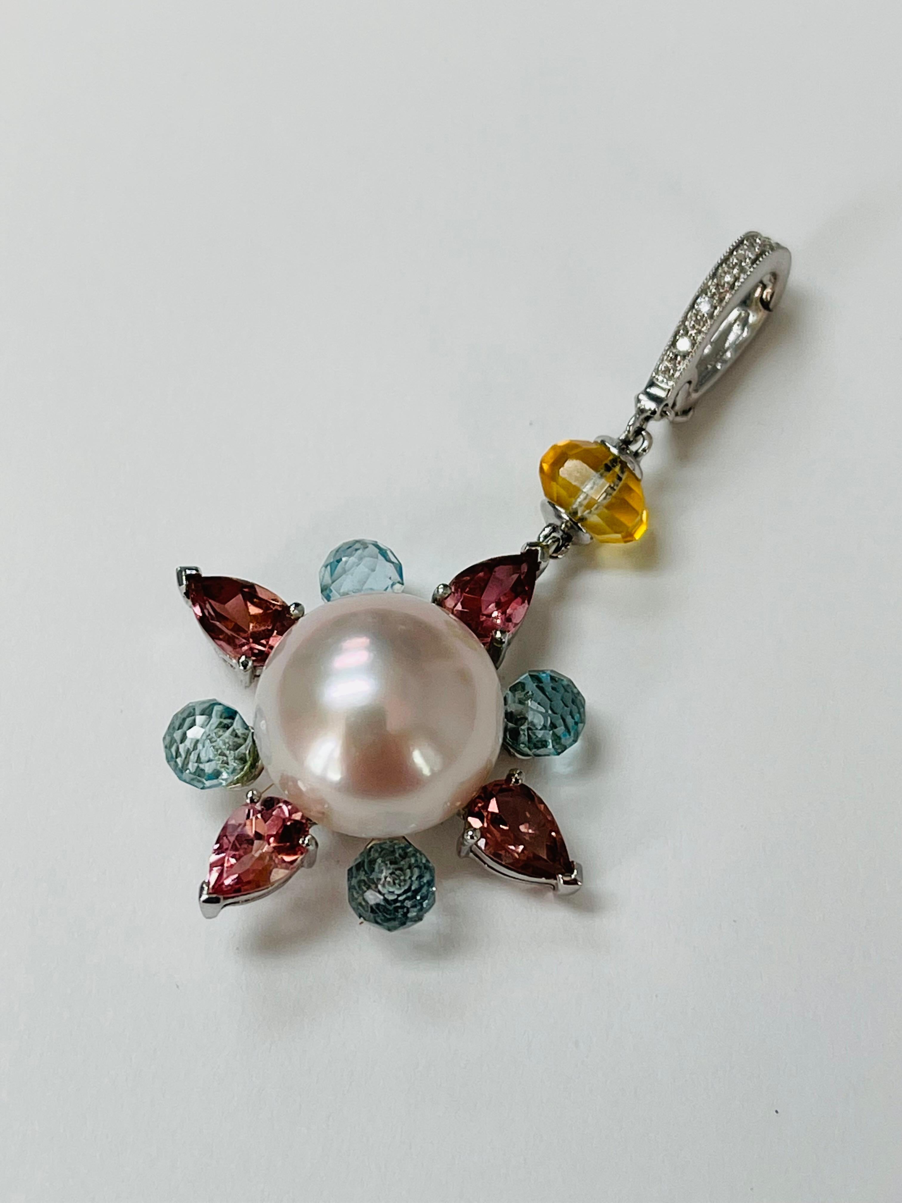 Round Cut Pearl, Pink Tourmaline, Blue Topaz and Diamond Pendant in White Gold For Sale