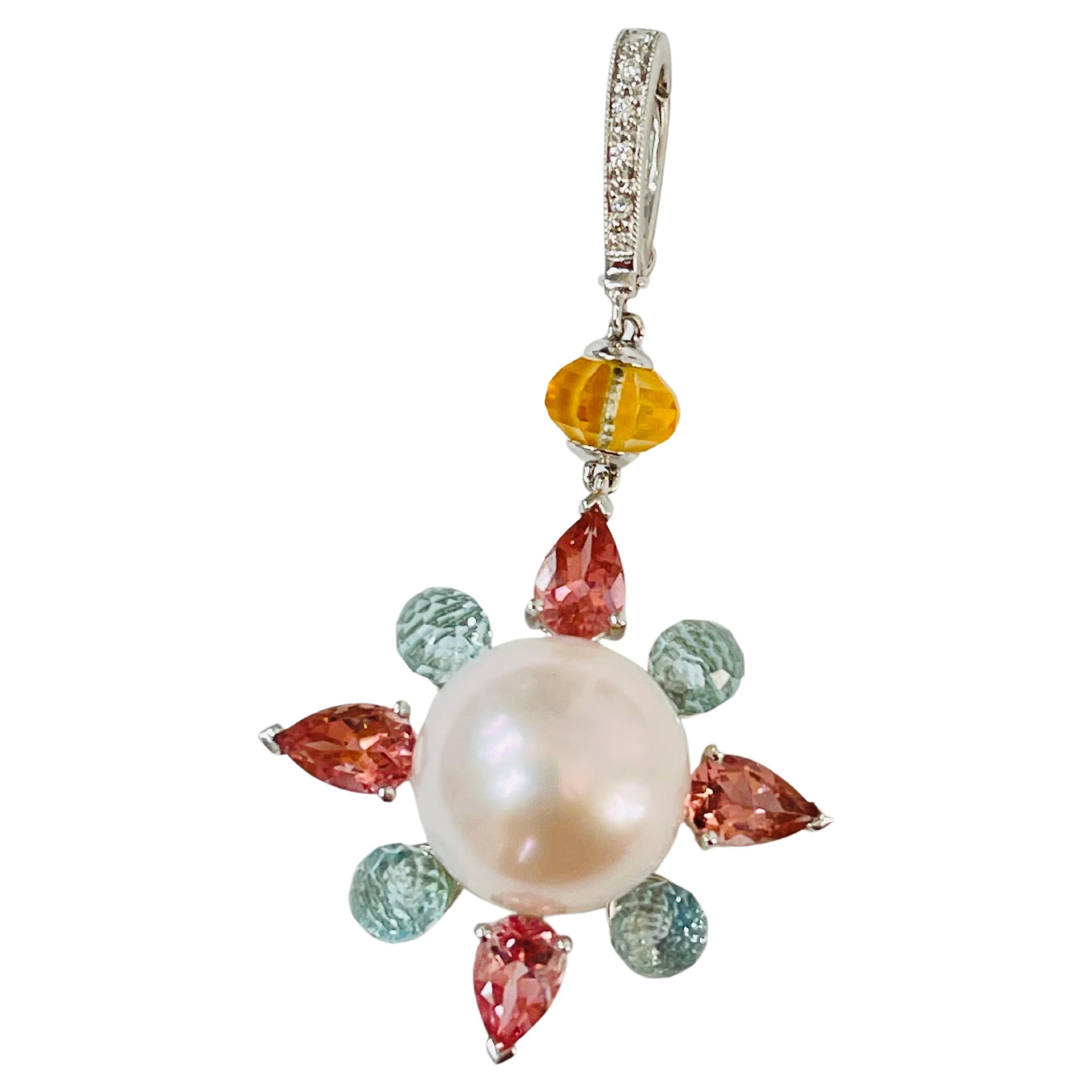 Pearl, Pink Tourmaline, Blue Topaz and Diamond Pendant in White Gold For Sale