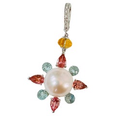Pearl, Pink Tourmaline, Blue Topaz and Diamond Pendant in White Gold