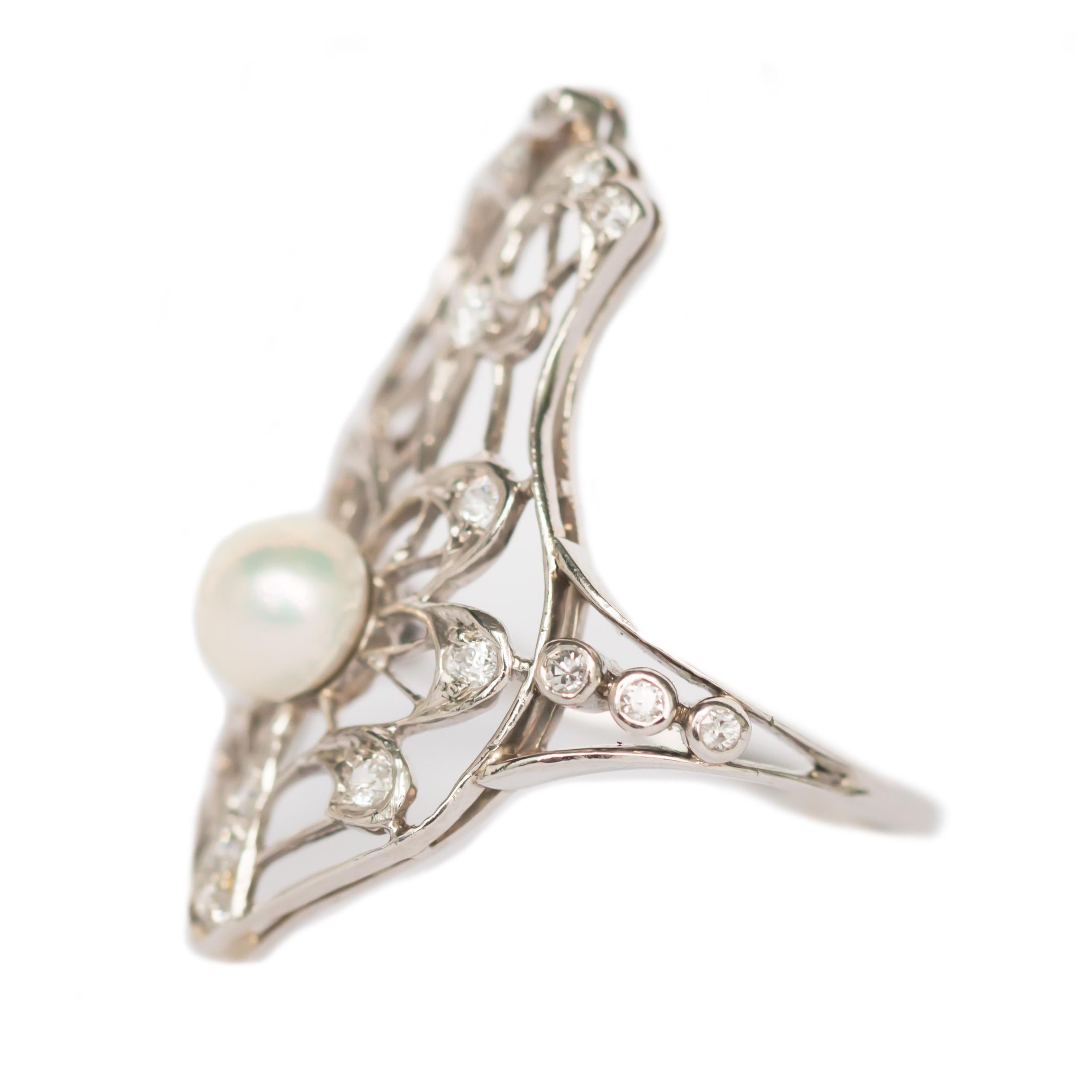Item Details: 
Ring Size: 8
Metal Type: Platinum
Weight: 5.5 grams

Center Details
Shape: Cultured Pearl 
Millimeters: 6mm

Side Stone Details: 
Shape: Antique Cut 
Total Carat Weight: .10 cttw
Color: G
Clarity: VS1

Finger to Top of Stone