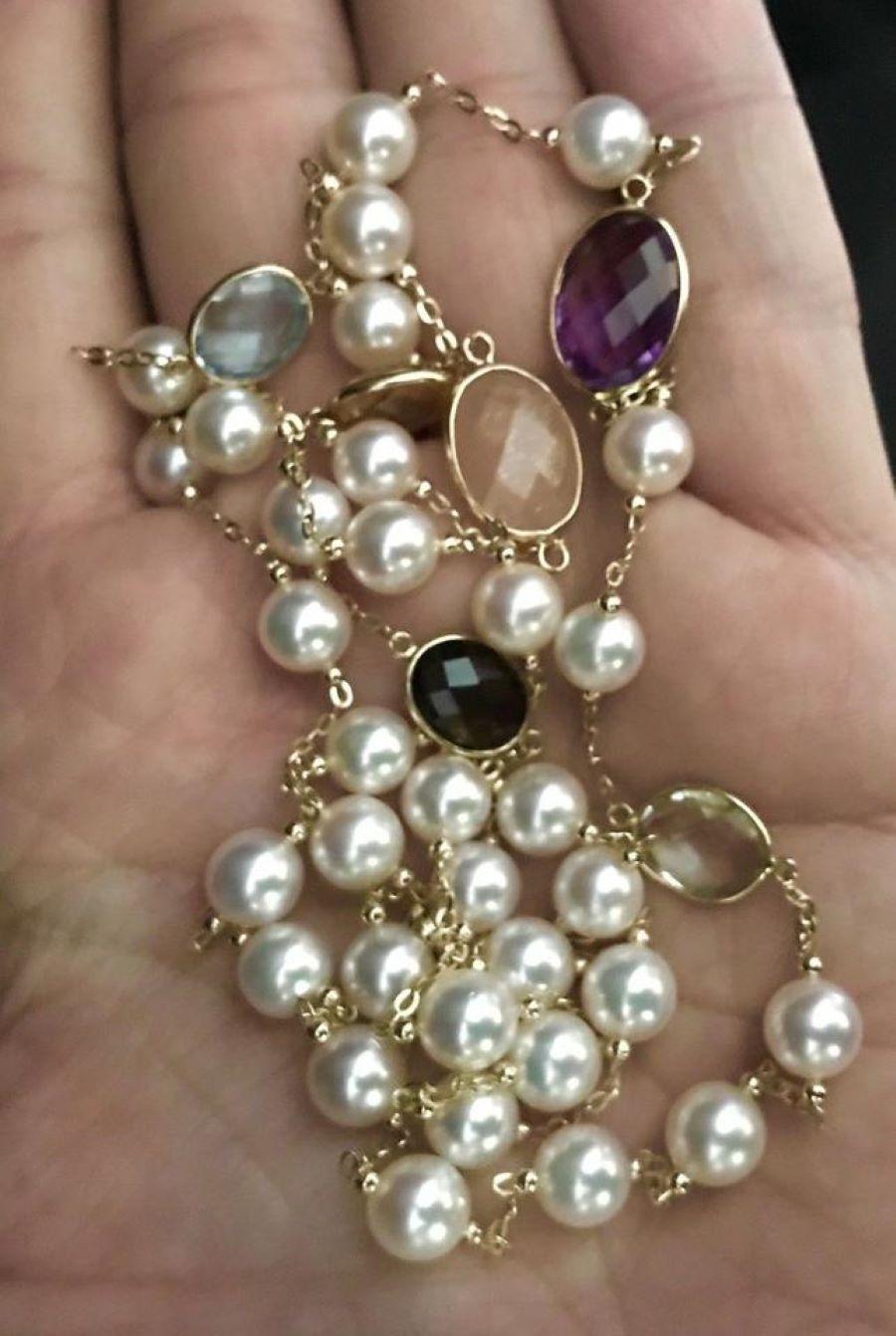 Modern Pearl Quartz Topaz Necklace 14 Karat Gold Italy Certified For Sale
